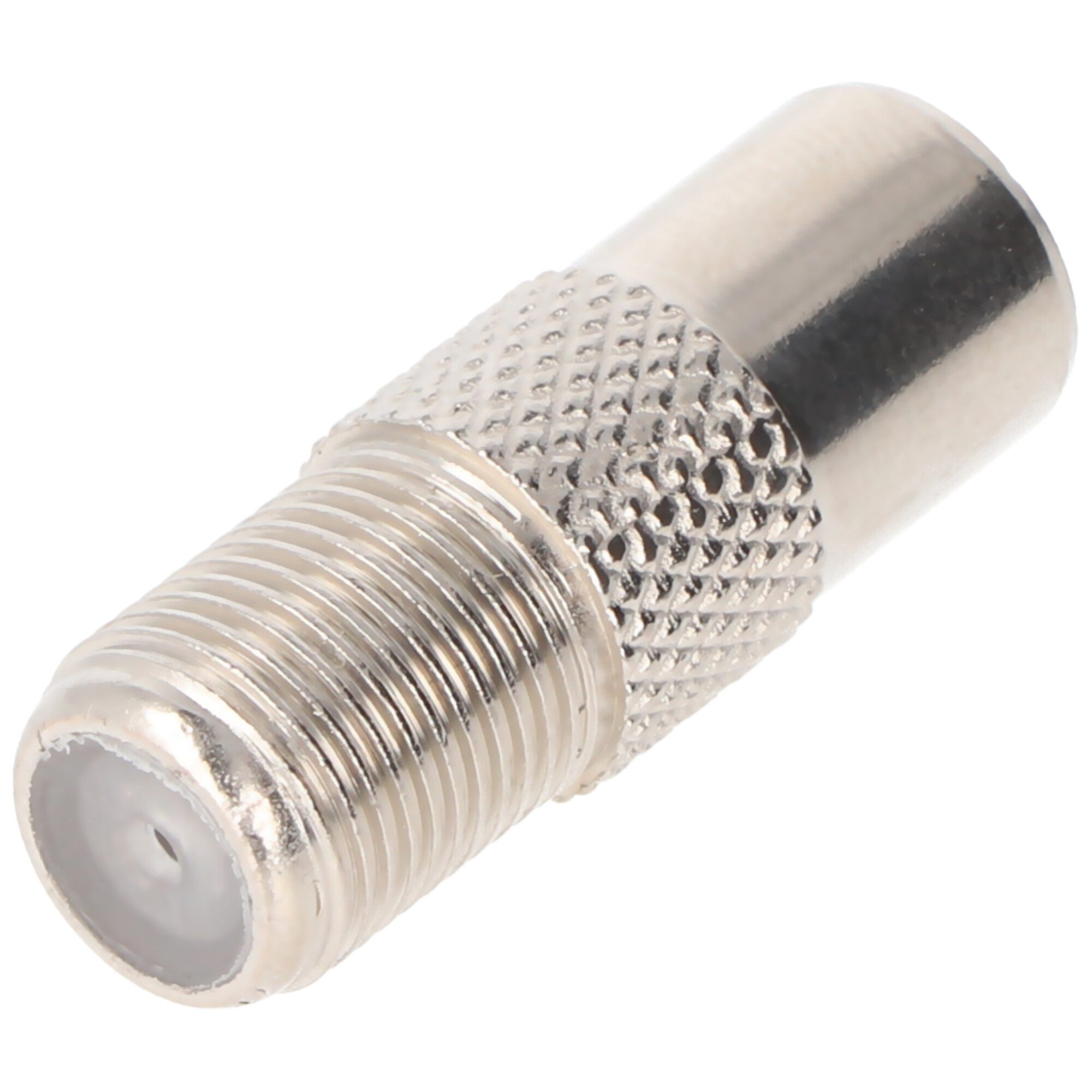 Close-up van een zilveren coaxiale connector met een schroefdraadeinde.