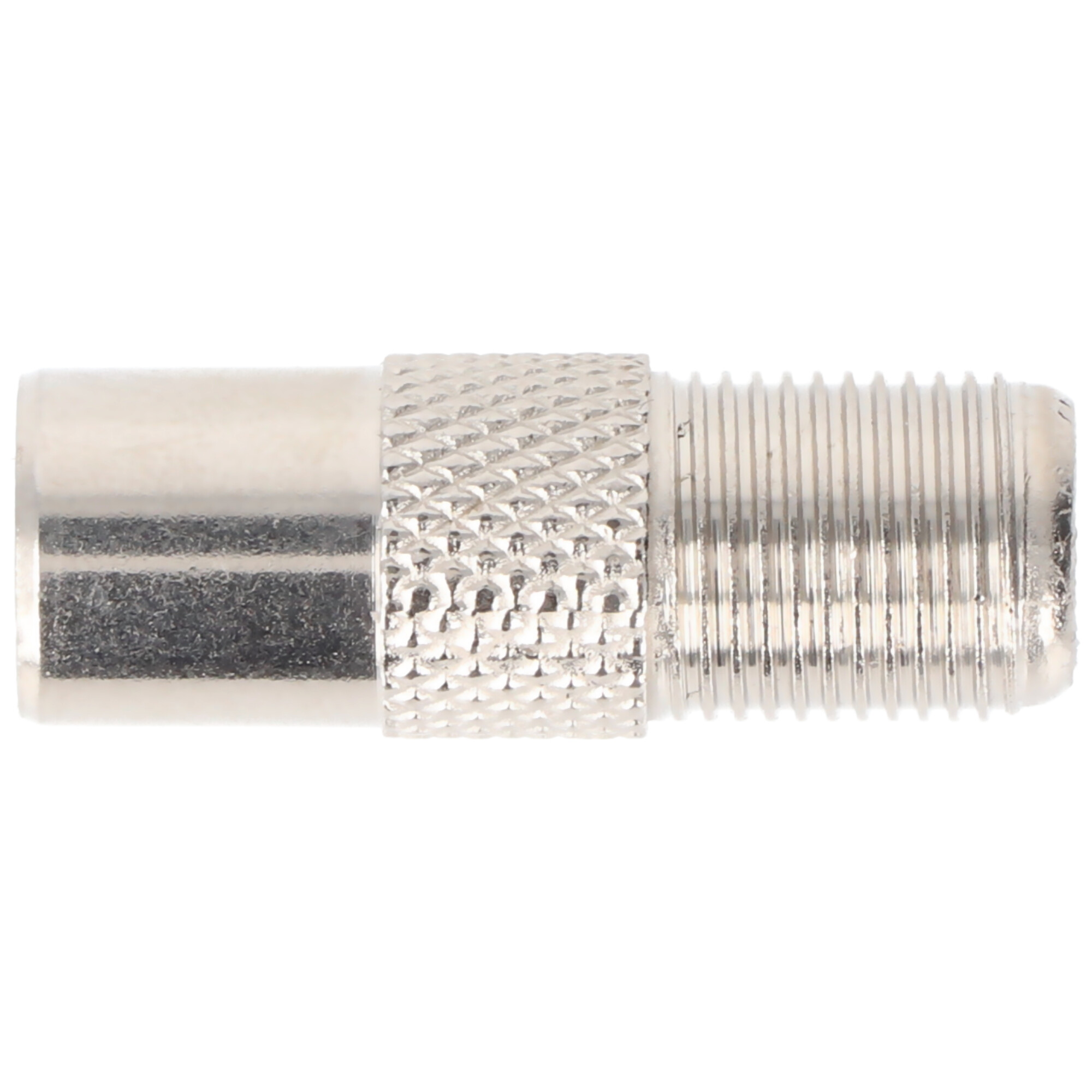 Zilveren coaxkabelconnector met schroefdraad. Metallic afwerking. Horizontale oriëntatie. Close-up.