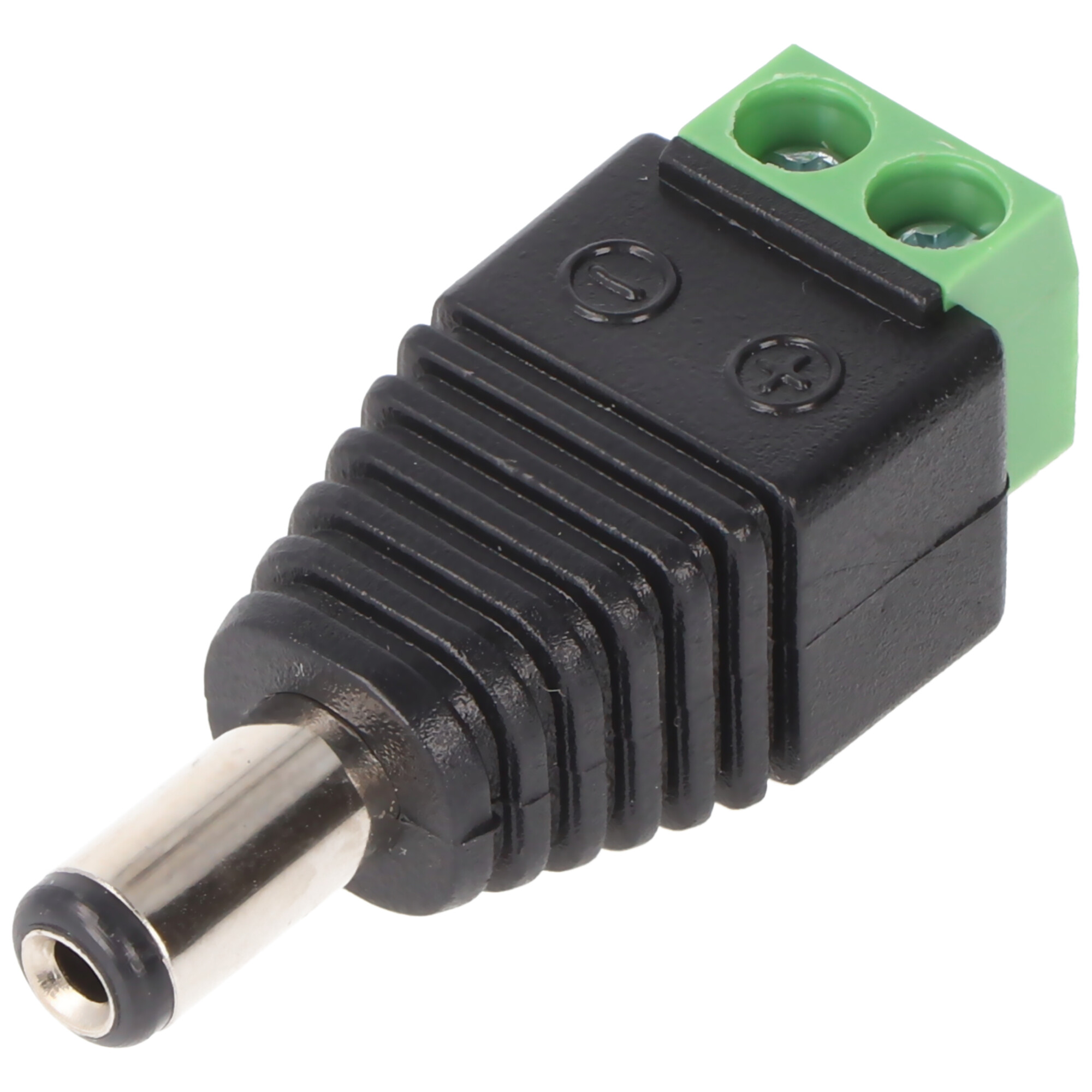 Zwarte en groene DC-voedingsconnector met aansluitingen.
