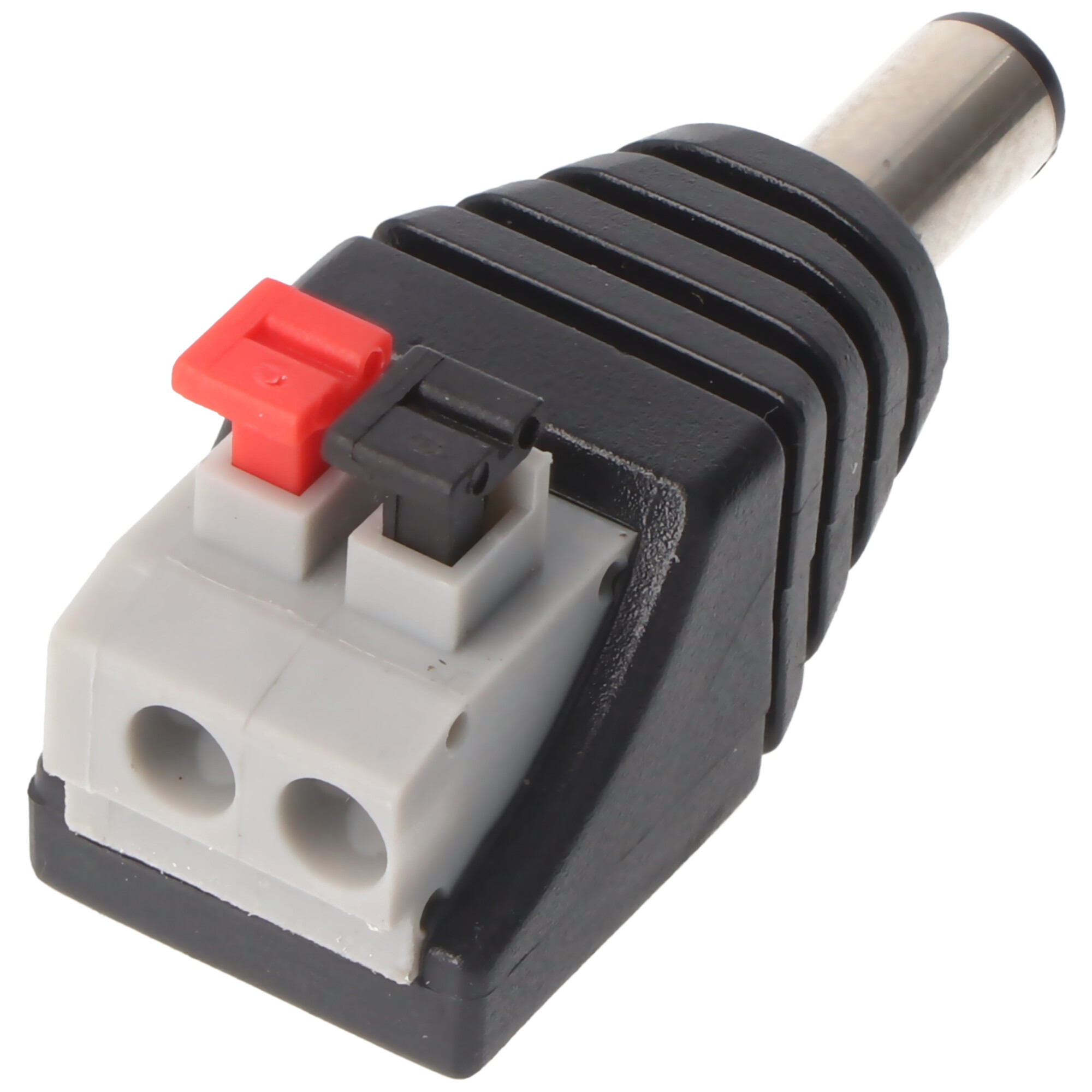 Zwarte en grijze DC-adapter met rode en zwarte aansluitingen.