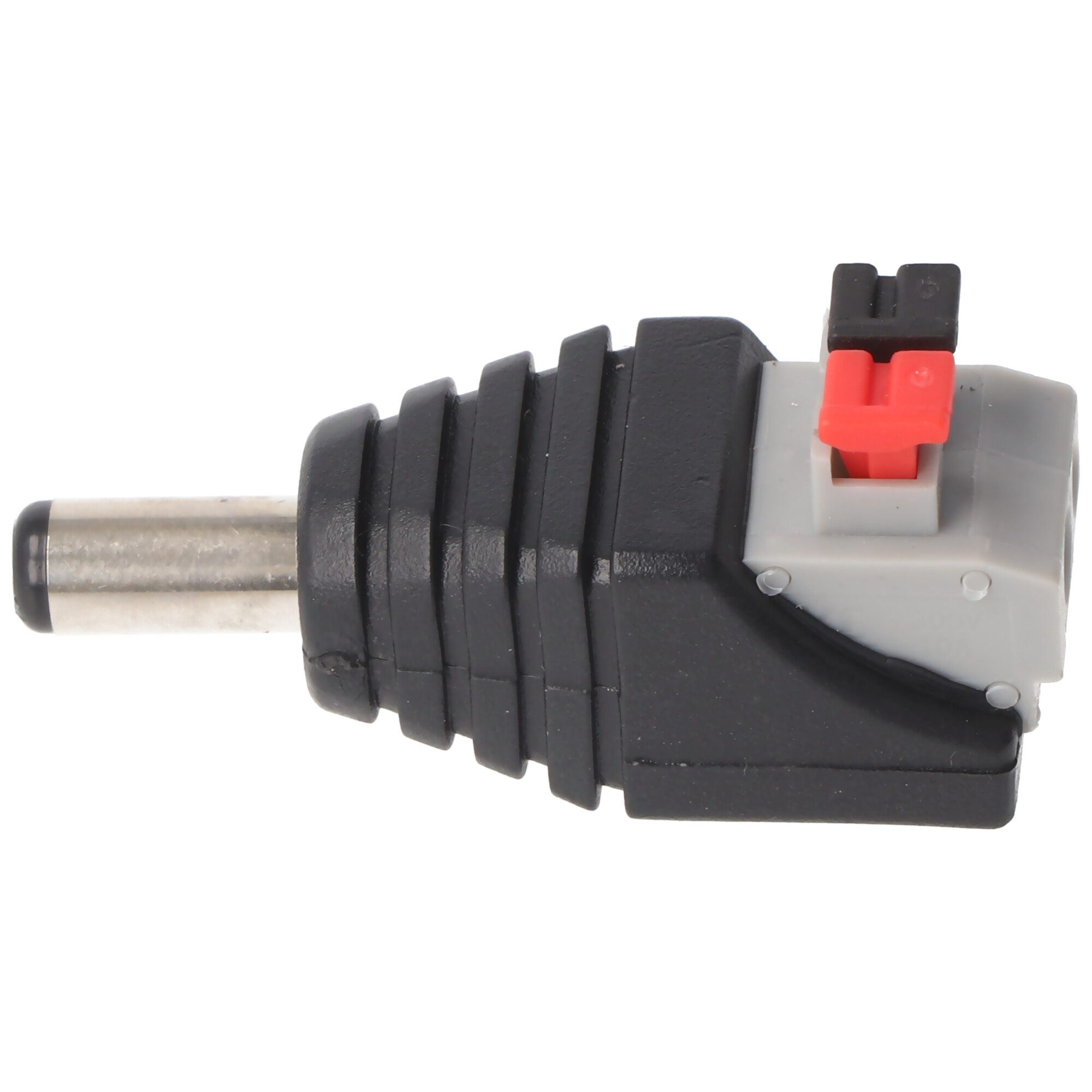 Een zwarte en grijze elektrische connector. Het heeft een rood deel. De connector heeft een pin.