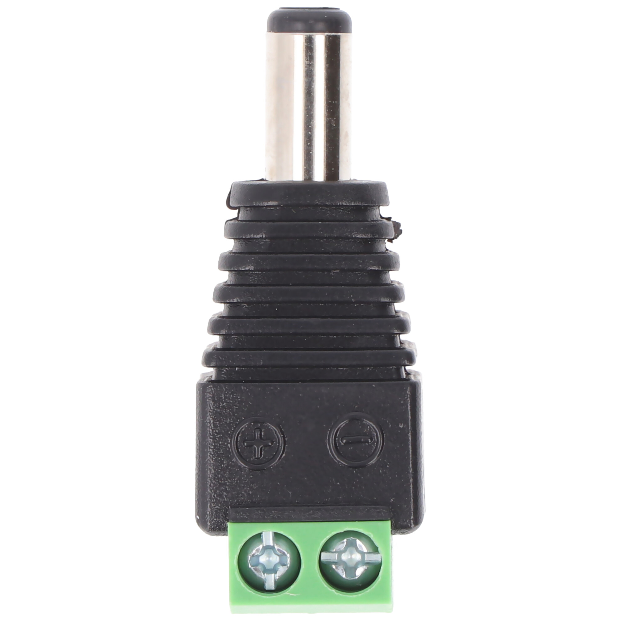 Zwarte DC-adapter met zilveren metalen connector en groene aansluitingen.