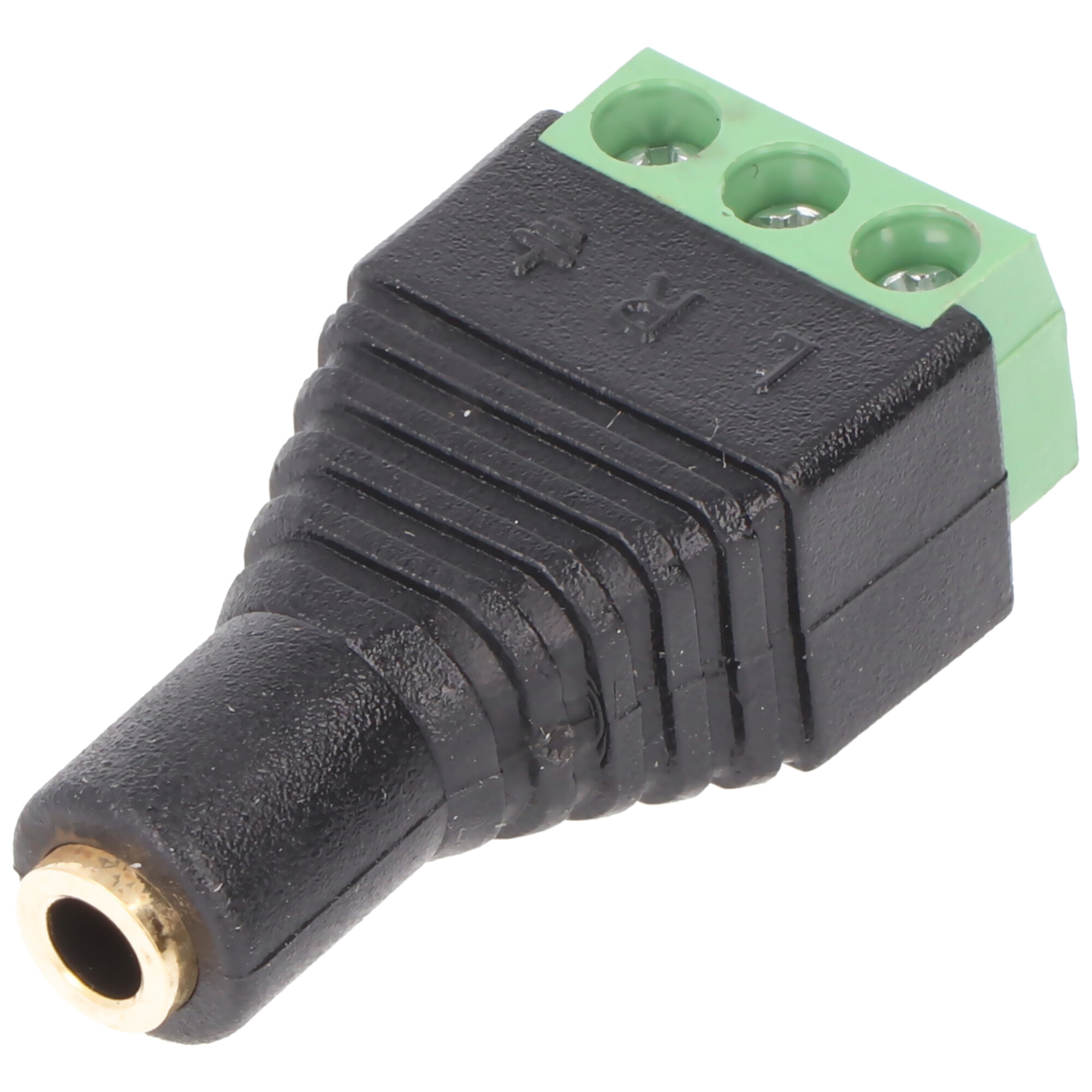Zwarte connector met een goudkleurige jack-ingang en groene klemmenblok.