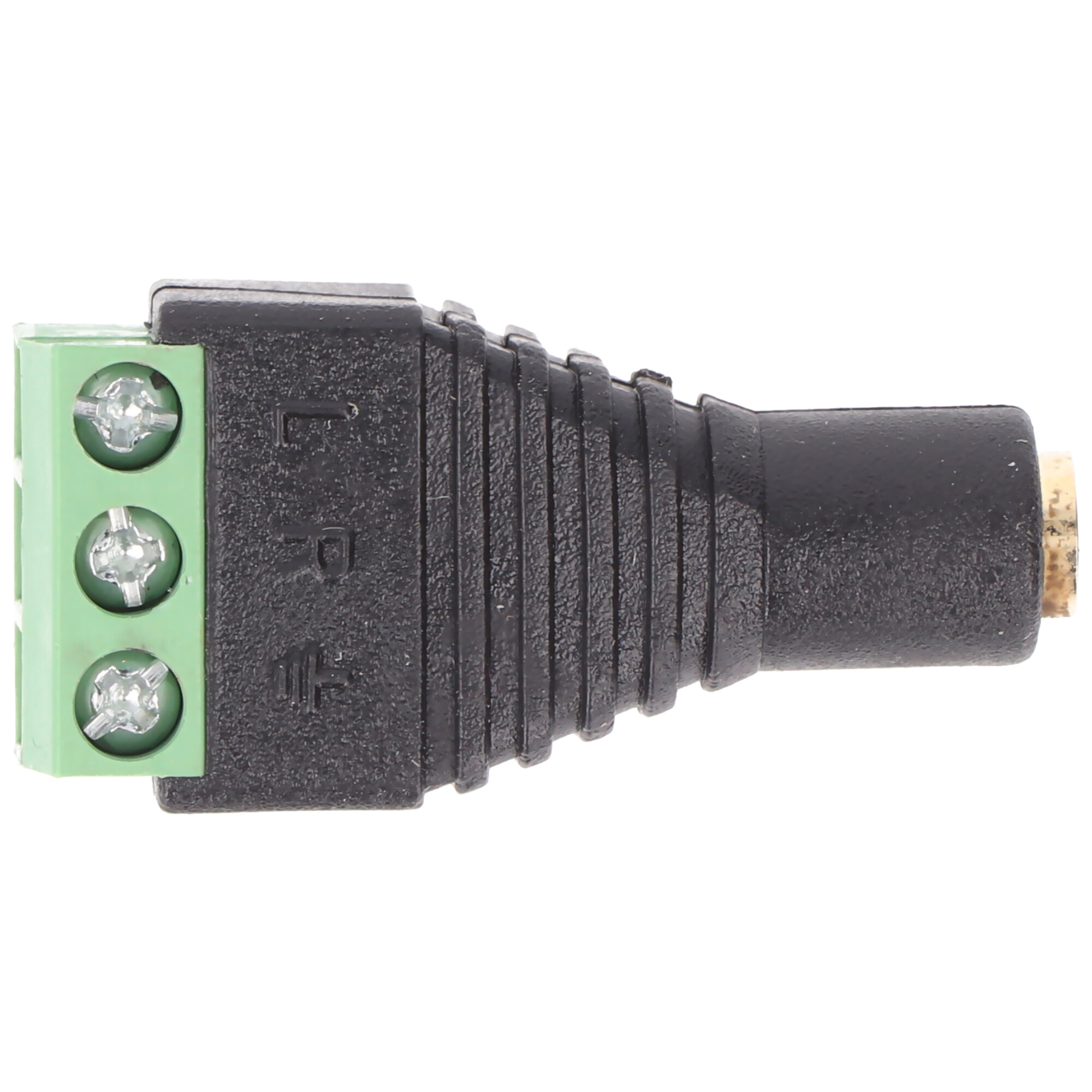 Een zwarte connector met drie groene schroefklemmen.