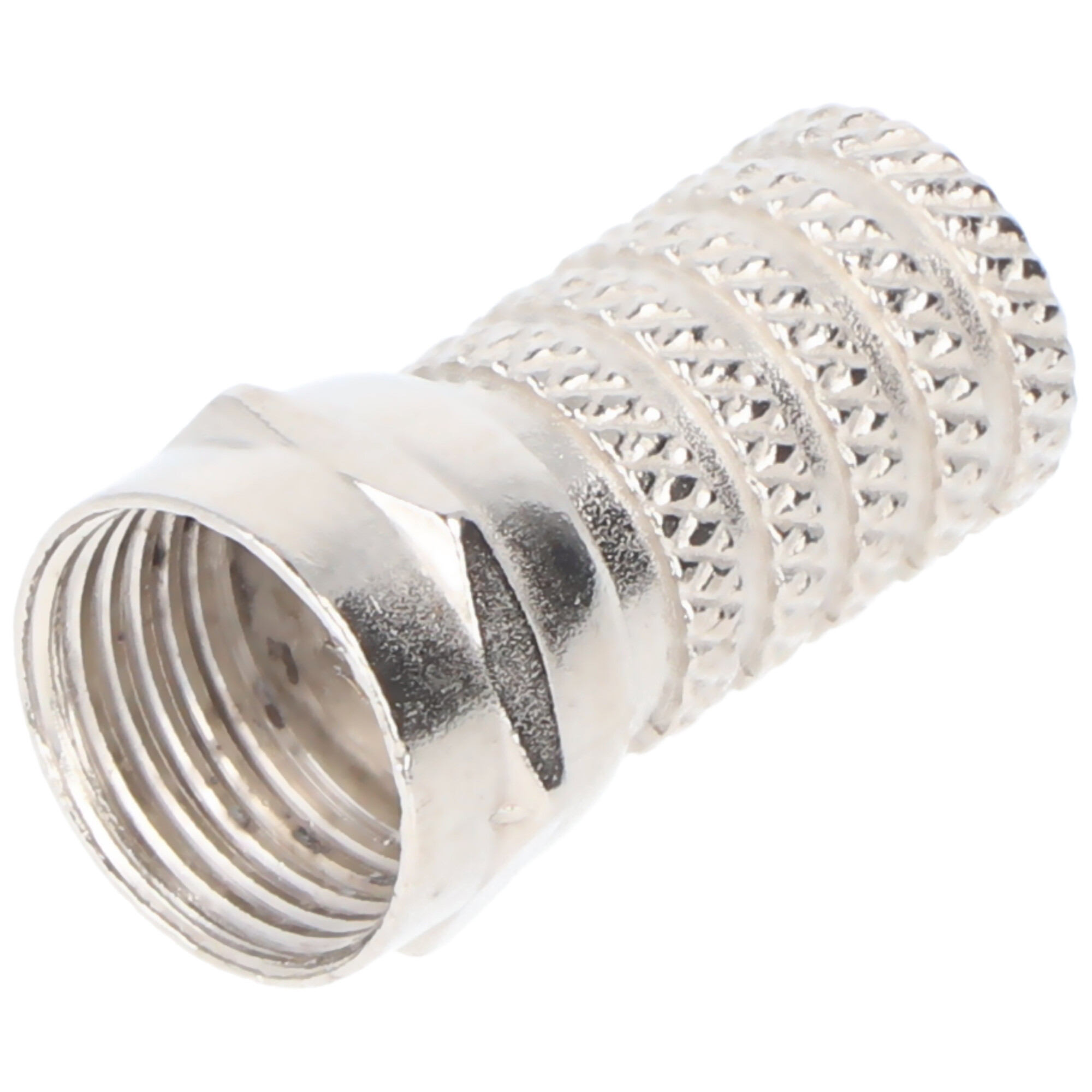 Zilveren F-connector voor coaxkabelaansluiting.