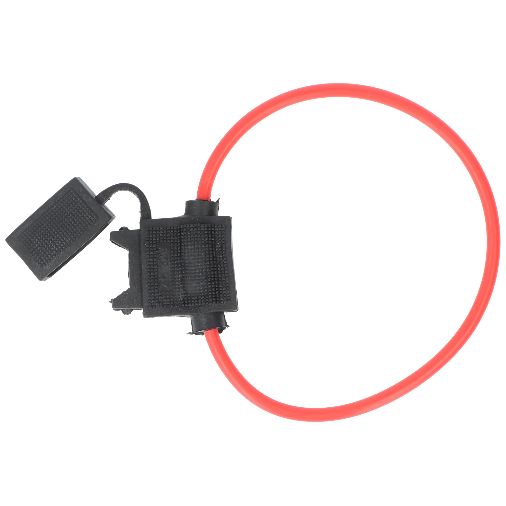 Zwarte zekeringhouder met rode draadlus, open top cover. Transparant en zwart plastic.
