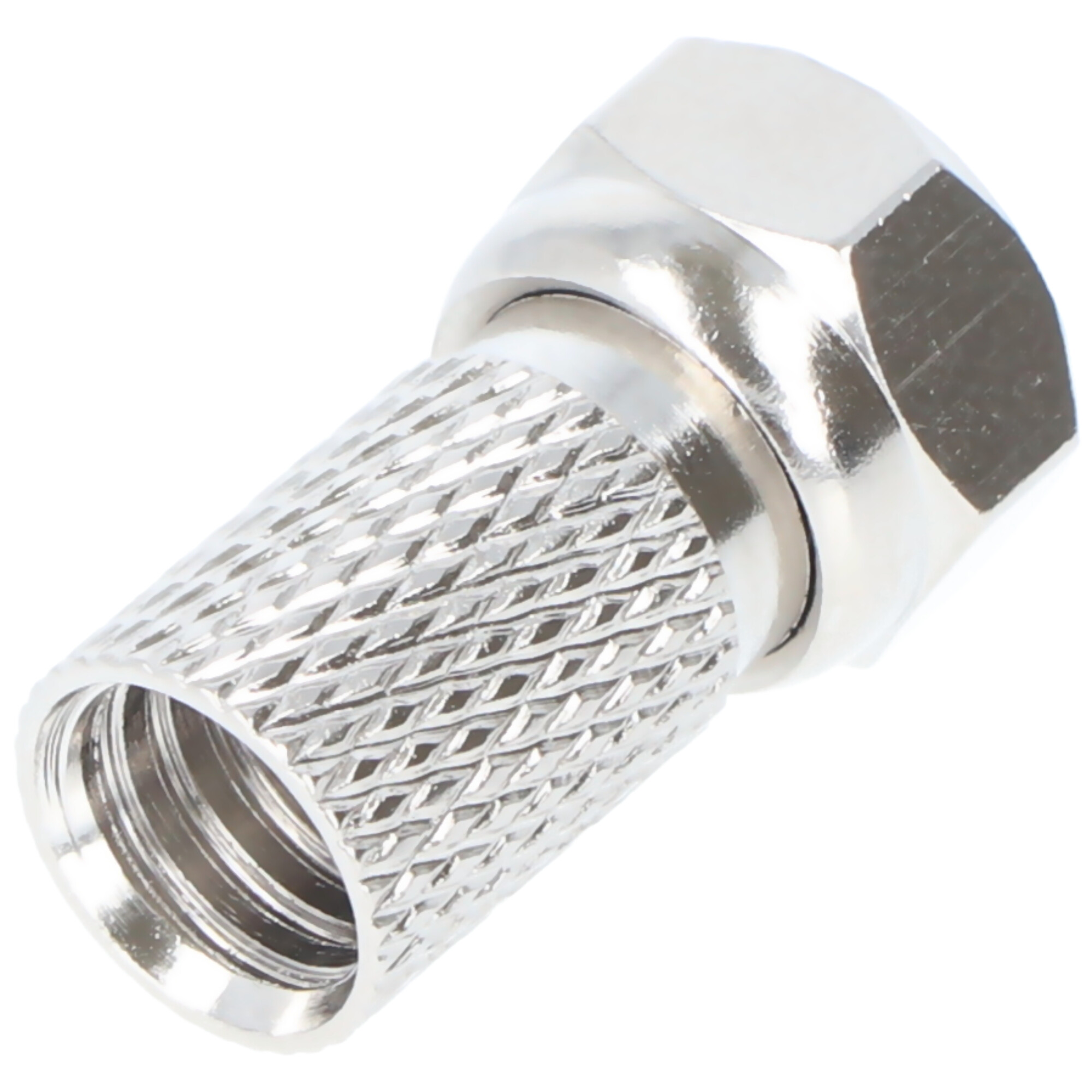Een zilveren metalen coaxiale connector met een schroefdraad en een zeskantmoer.