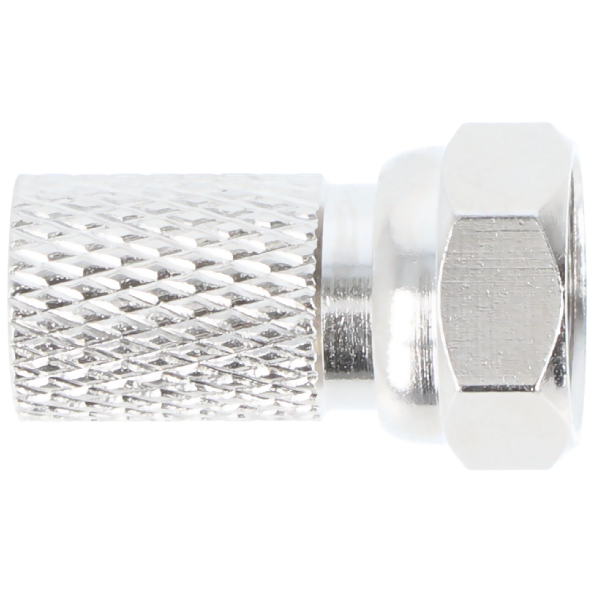 Zilveren coaxiale connector met een gekarteld lichaam en een zeskantmoer.