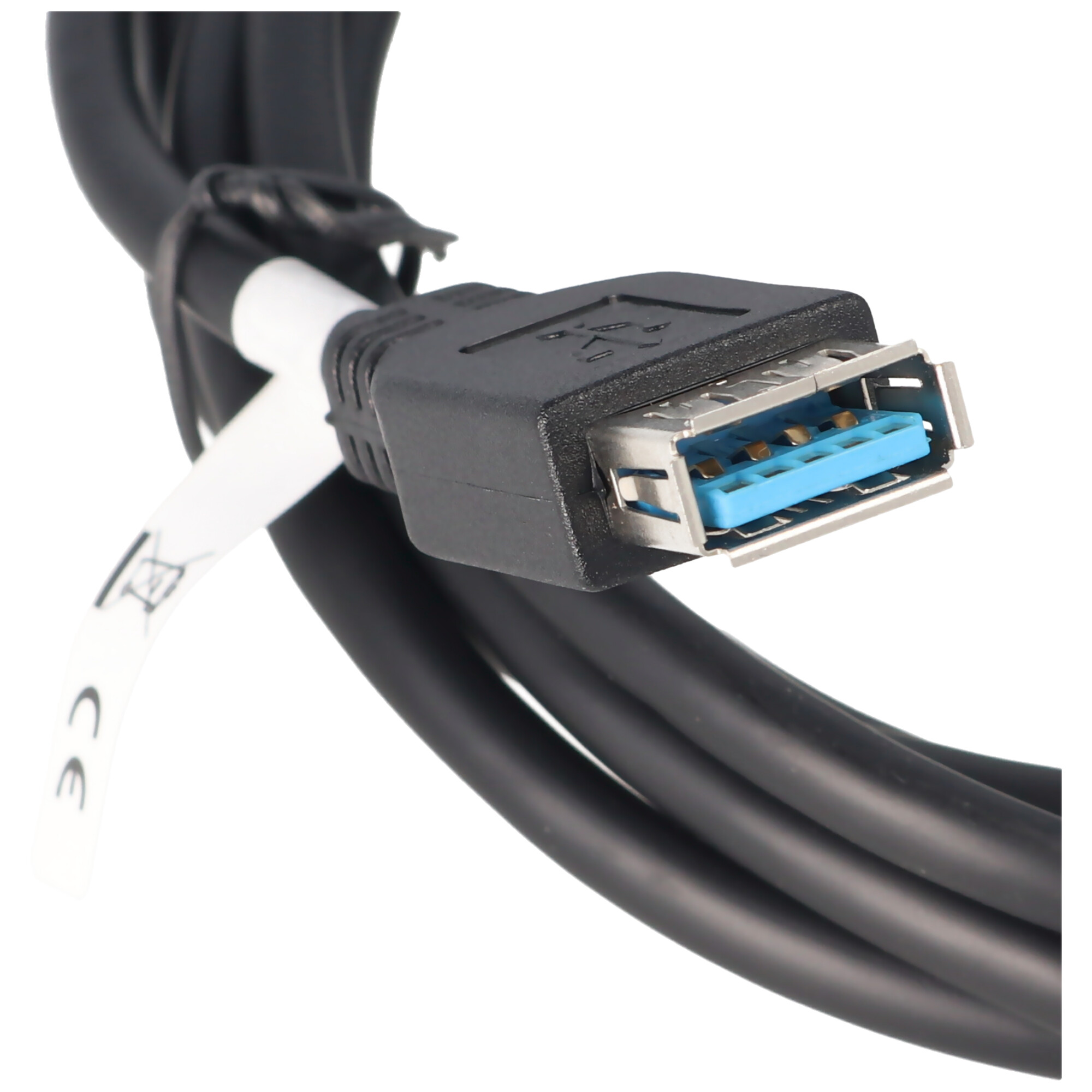 USB 3.0-kabel met een zwarte connector en een blauw binnenwerk.
