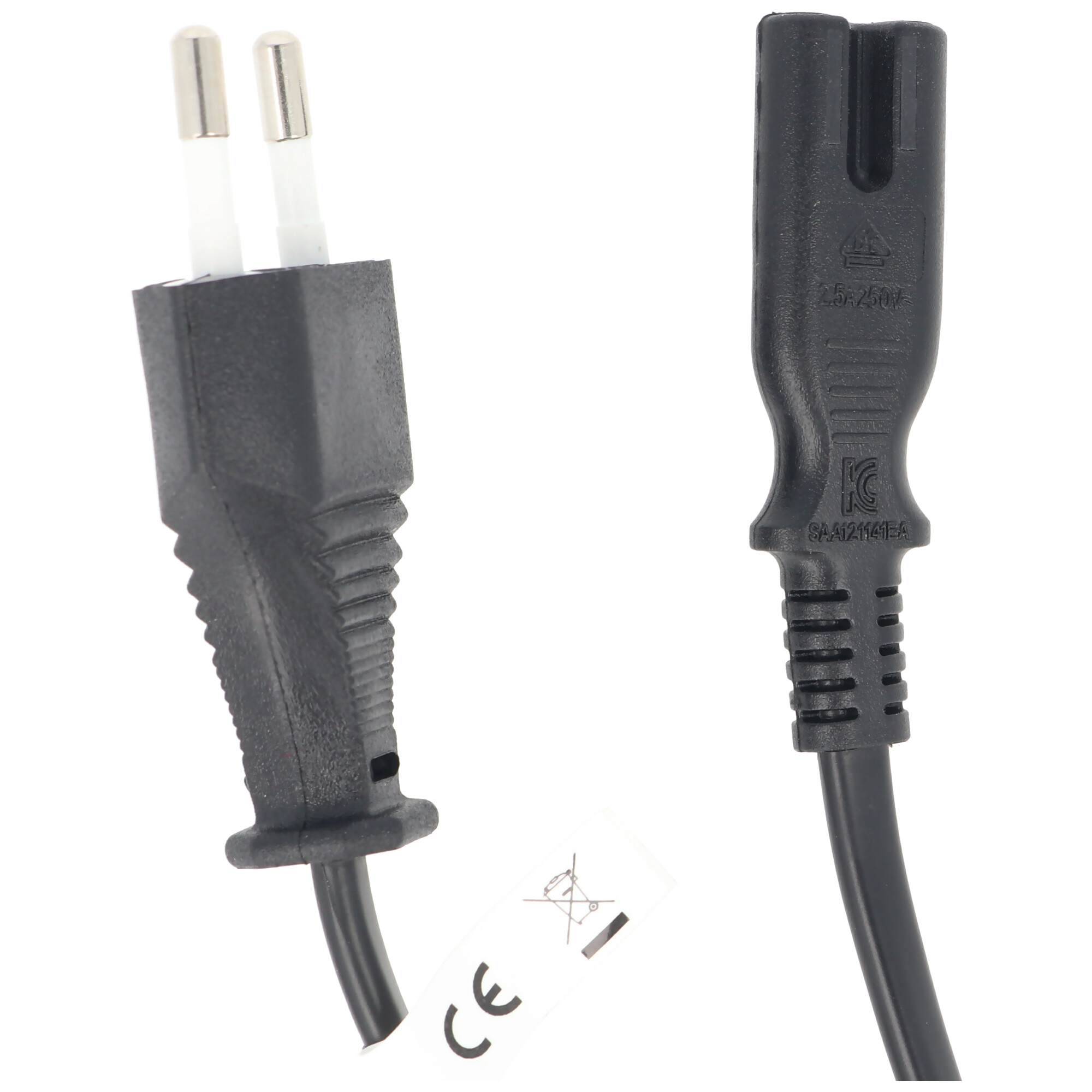 Zwarte voedingskabel met CE-markering en connector.