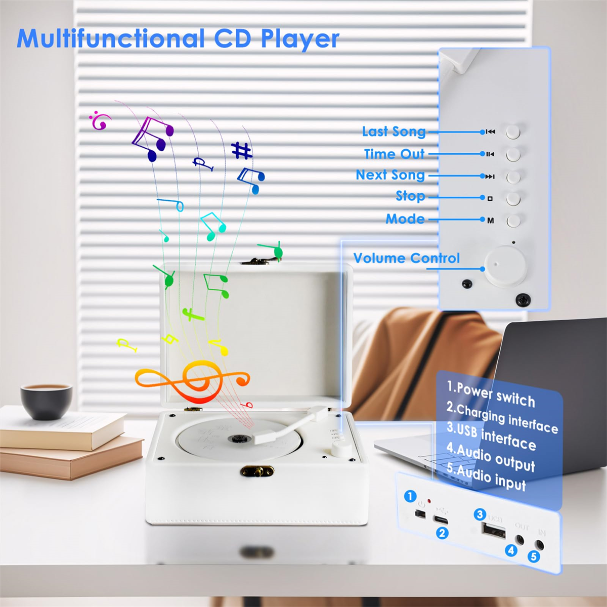 Weißer CD-Player mit Plattenspieler und Bedienelementen. Zeigt die Funktionen und Anschlüsse des CD-Players.
