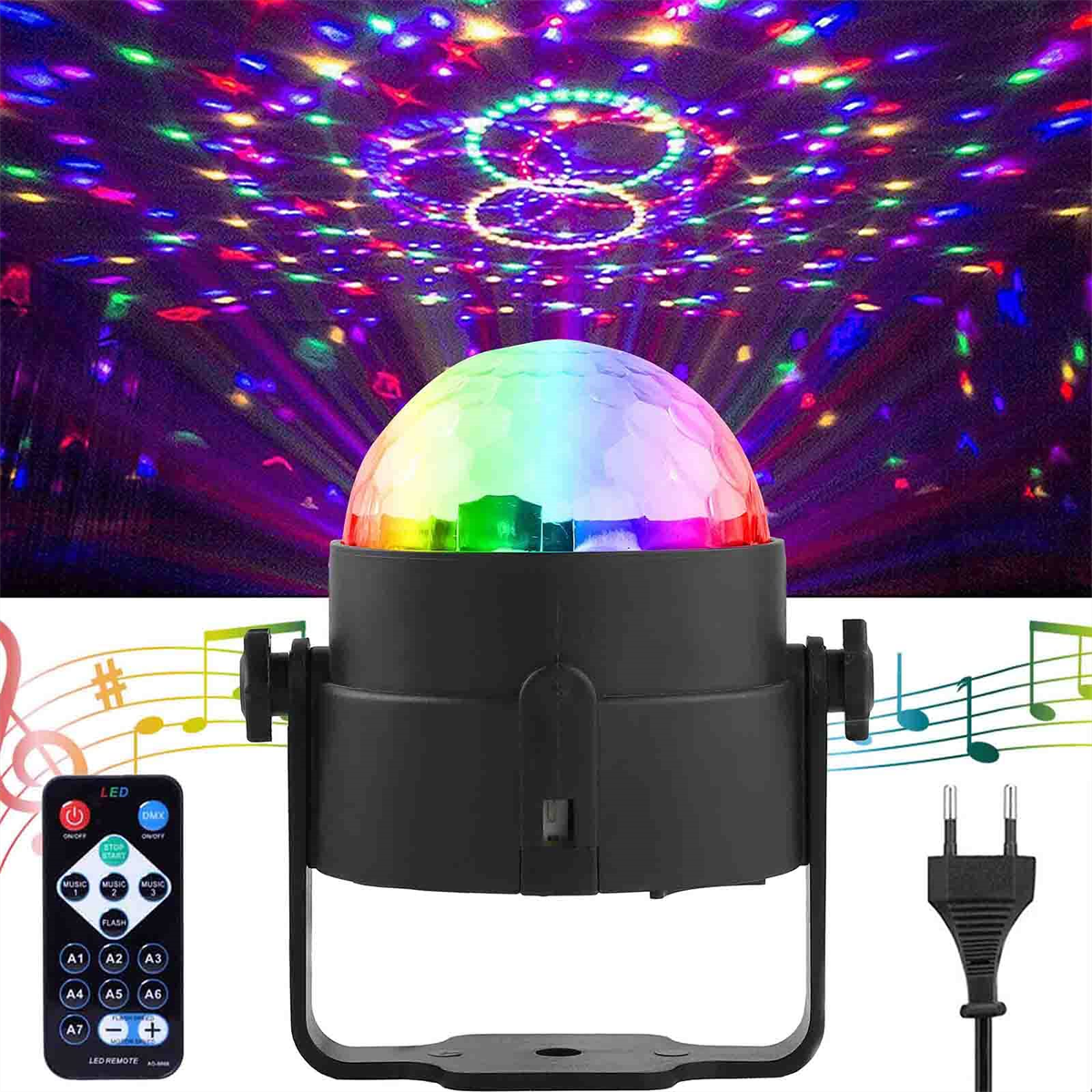 Eine Discokugel mit bunten Lichtern und Fernbedienung, mit schwarzem Netzstecker.