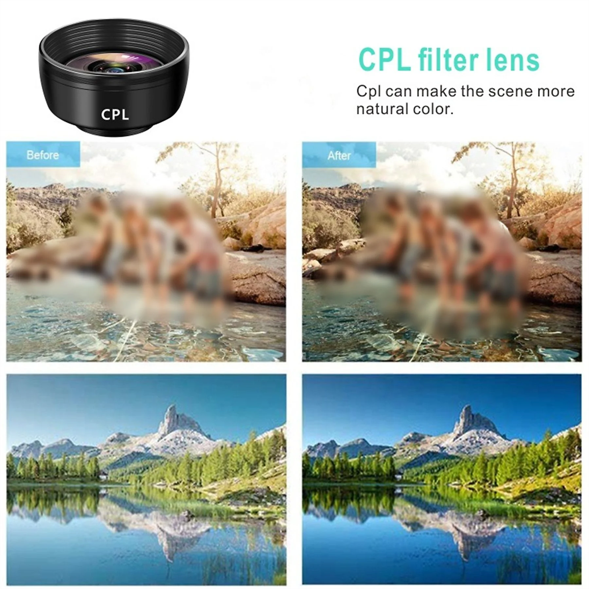 CPL-Filterlinse und Beispiele für Vorher-Nachher-Aufnahmen mit dem Filter.