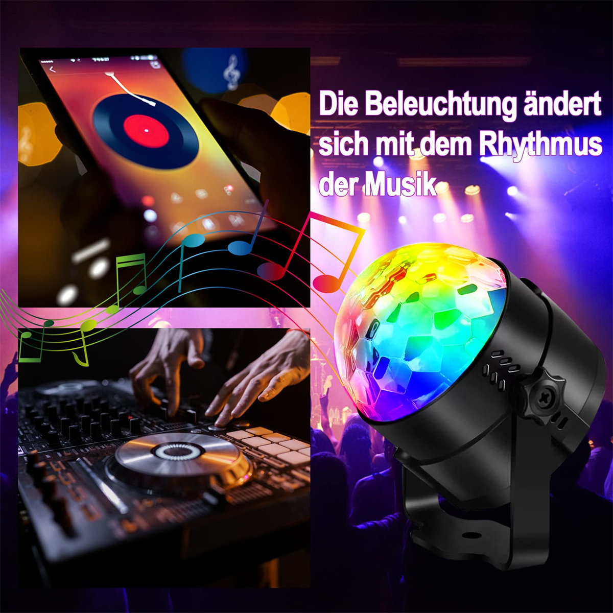 Diskokugel und DJ-Setup mit farbenfroher Beleuchtung.
