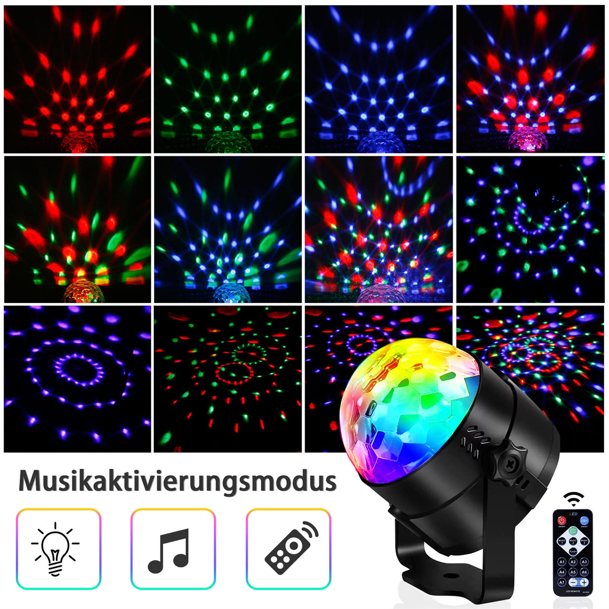 Ein Discokugelprojektor mit verschiedenen farbigen Lichtmustern, mit Fernbedienung und Steuerungssymbolen.