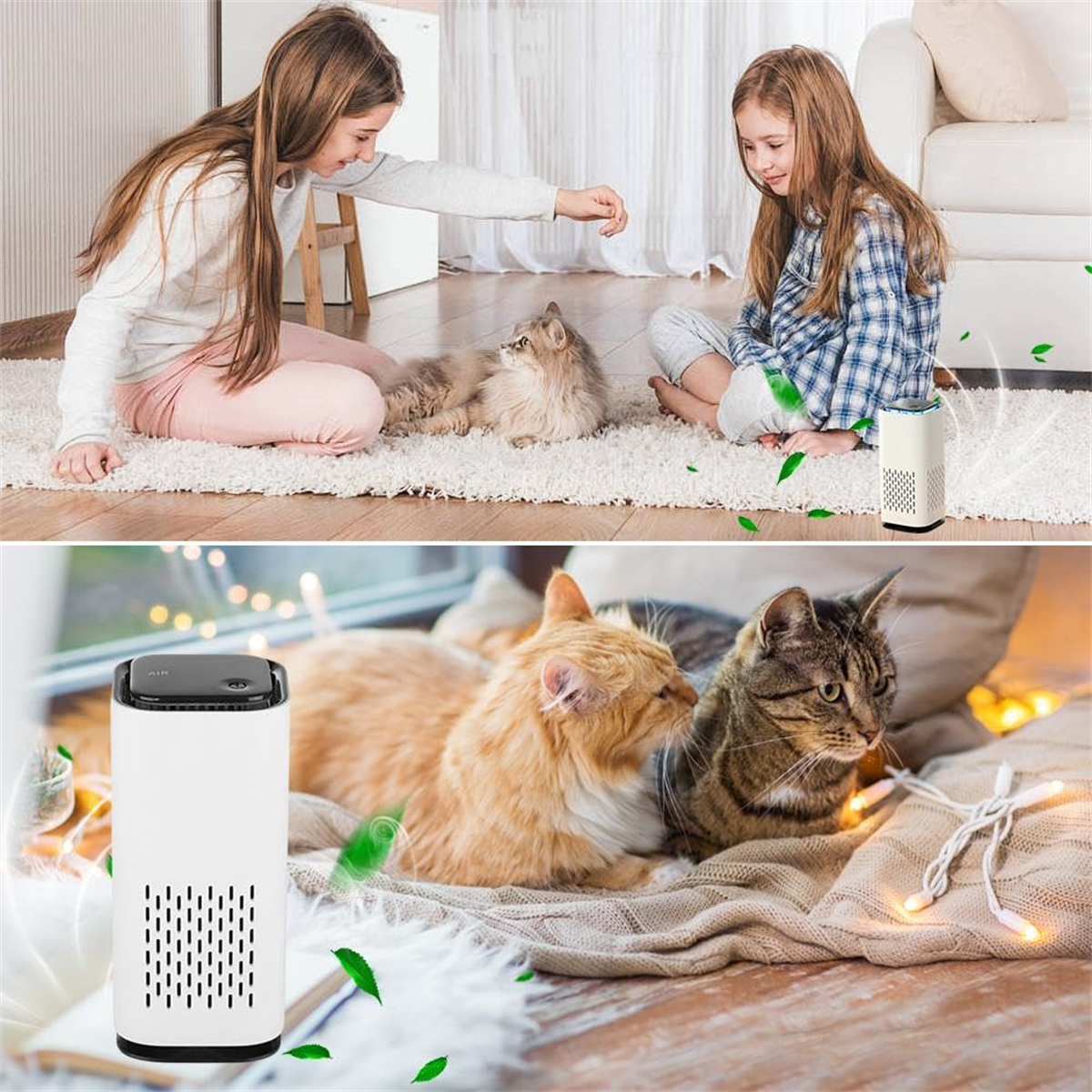 Zwei Mädchen mit Katzen, ein Luftreiniger im Hintergrund und katzenbezogene Visuals.