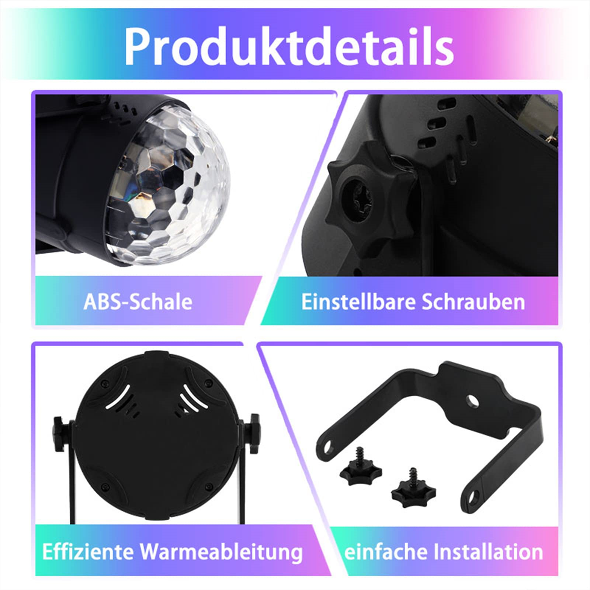 Details eines Diskokugel-Lichts. Es zeigt die Schale, die einstellbaren Schrauben, die Wärmeableitung und die Installation.