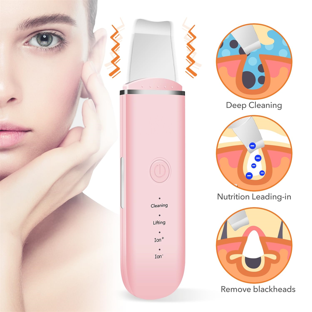 Ein rosa Gesichtshaut-Scrubber mit Diagrammen von Tiefenreinigung, Ernährung und Mitesserentfernung.