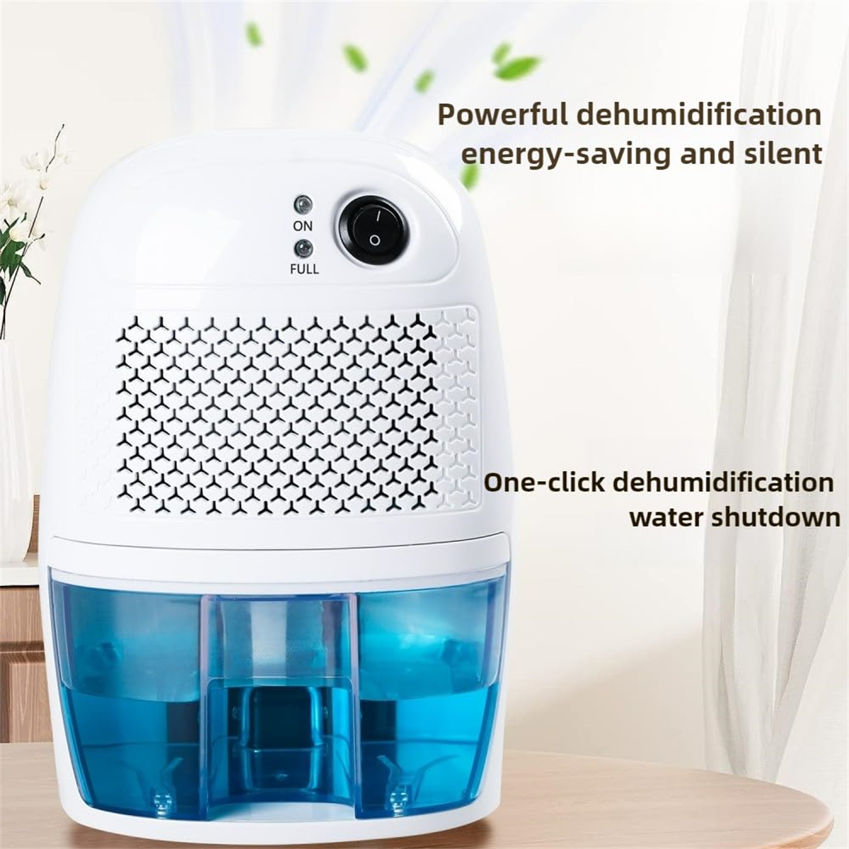 Ein weißer und blauer Luftentfeuchter. Es hat Knöpfe, ein Display und einen Wasserbehälter darunter.