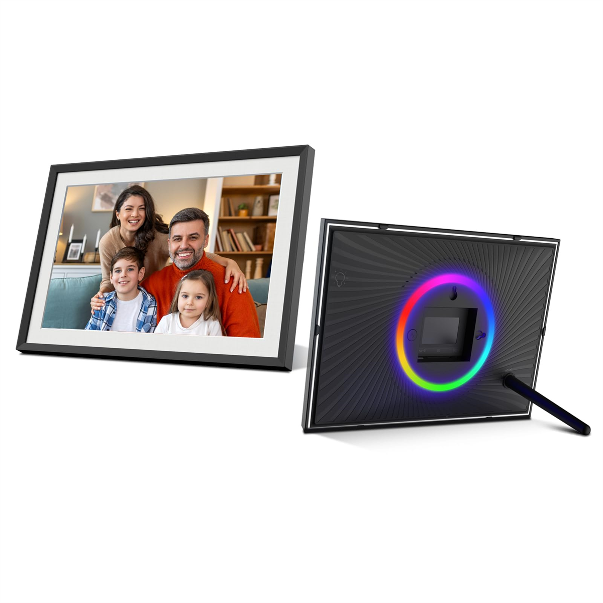 Ein digitaler Bilderrahmen mit einem Familienfoto und einer Ansicht der Rückseite des Rahmens mit bunten Lichtern.