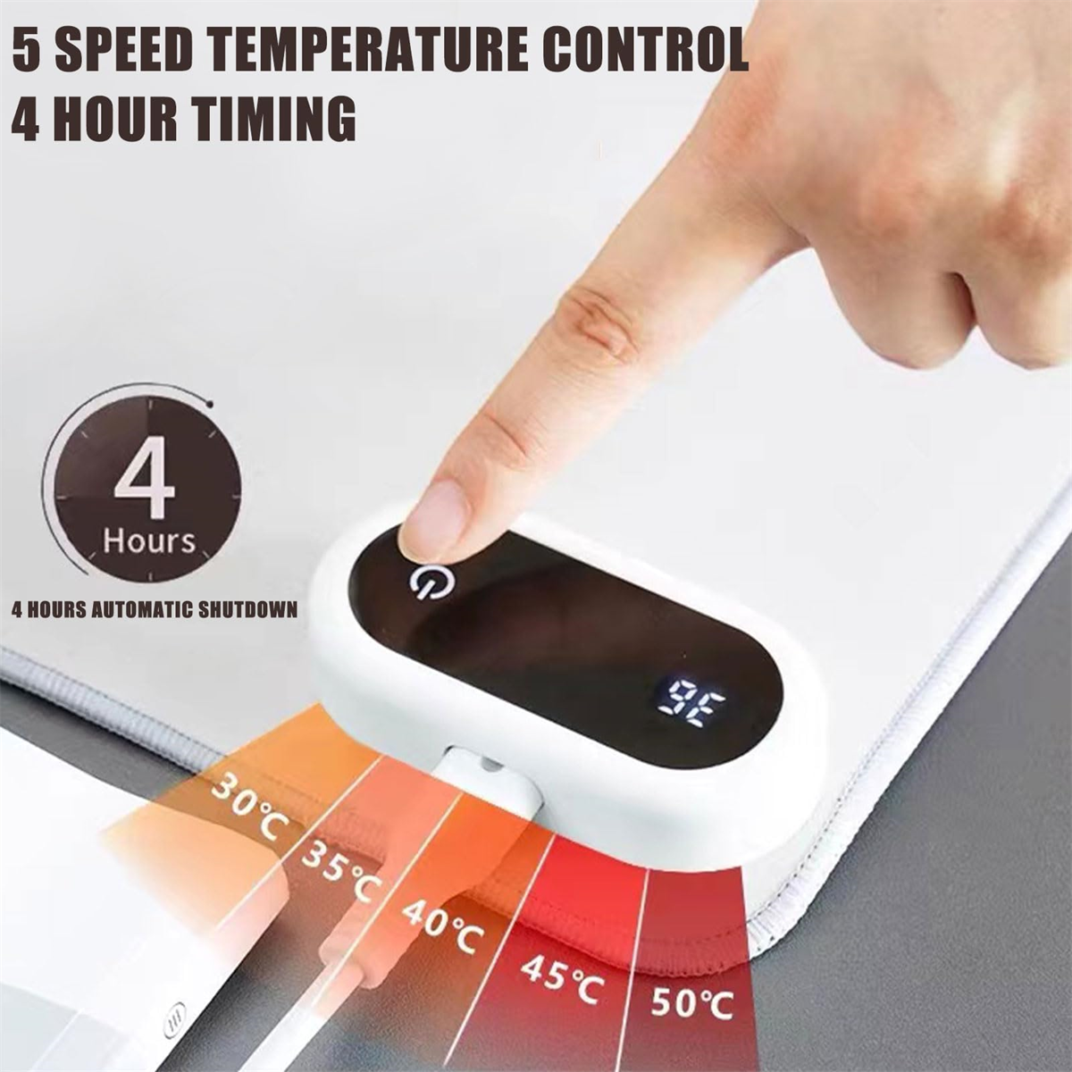 Eine Hand berührt ein Bedienfeld mit einer Anzeige, die die Temperatur anzeigt.