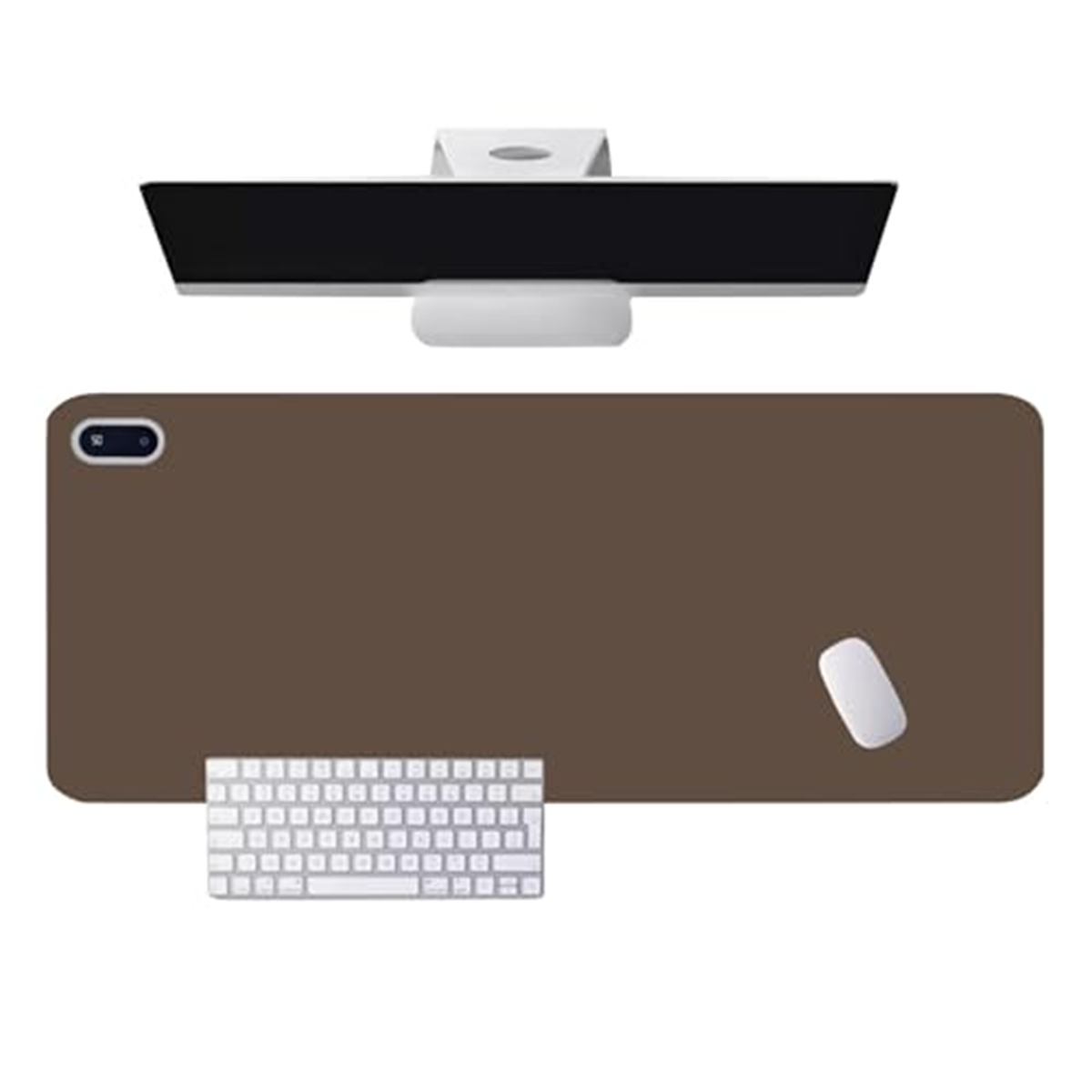 Draufsicht auf einen Schreibtisch mit Monitor, Tastatur, Maus und brauner Schreibtischunterlage.