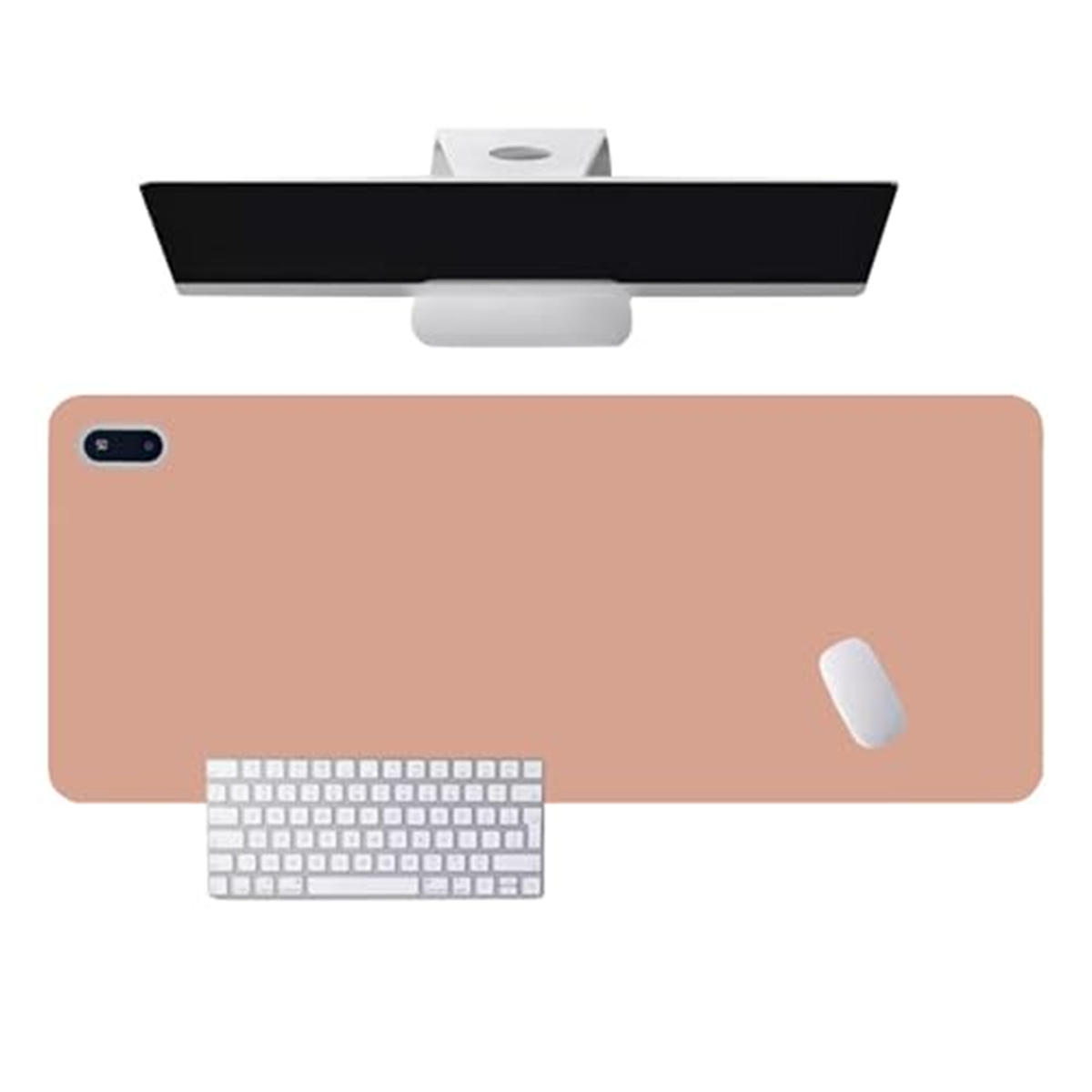 Draufsicht auf ein Computer-Setup: Monitor, Maus, Tastatur und eine rosa Schreibtischunterlage.