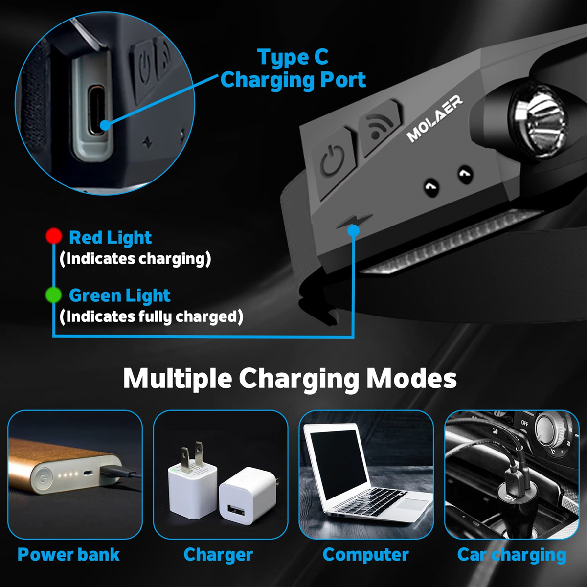 Scheinwerfer mit Ladeanschluss. Zeigt rotes Licht zum Laden und grünes zum Laden an. Lademodi: Powerbank, Ladegerät, Computer und Auto.