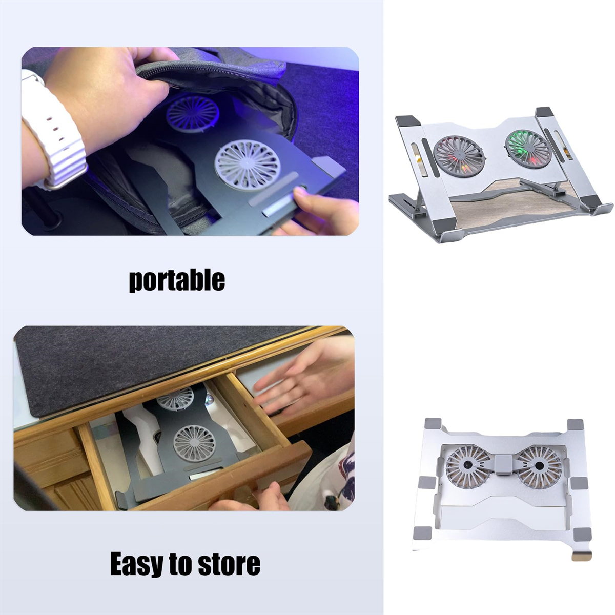 Laptopständer mit zwei Lüftern, tragbar und in einer Schublade verstaut.