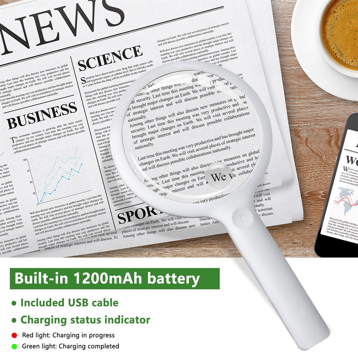 Zeitung mit Schlagzeilen und Lupe über dem Text. Text: Eingebauter 1200mAh Akku.