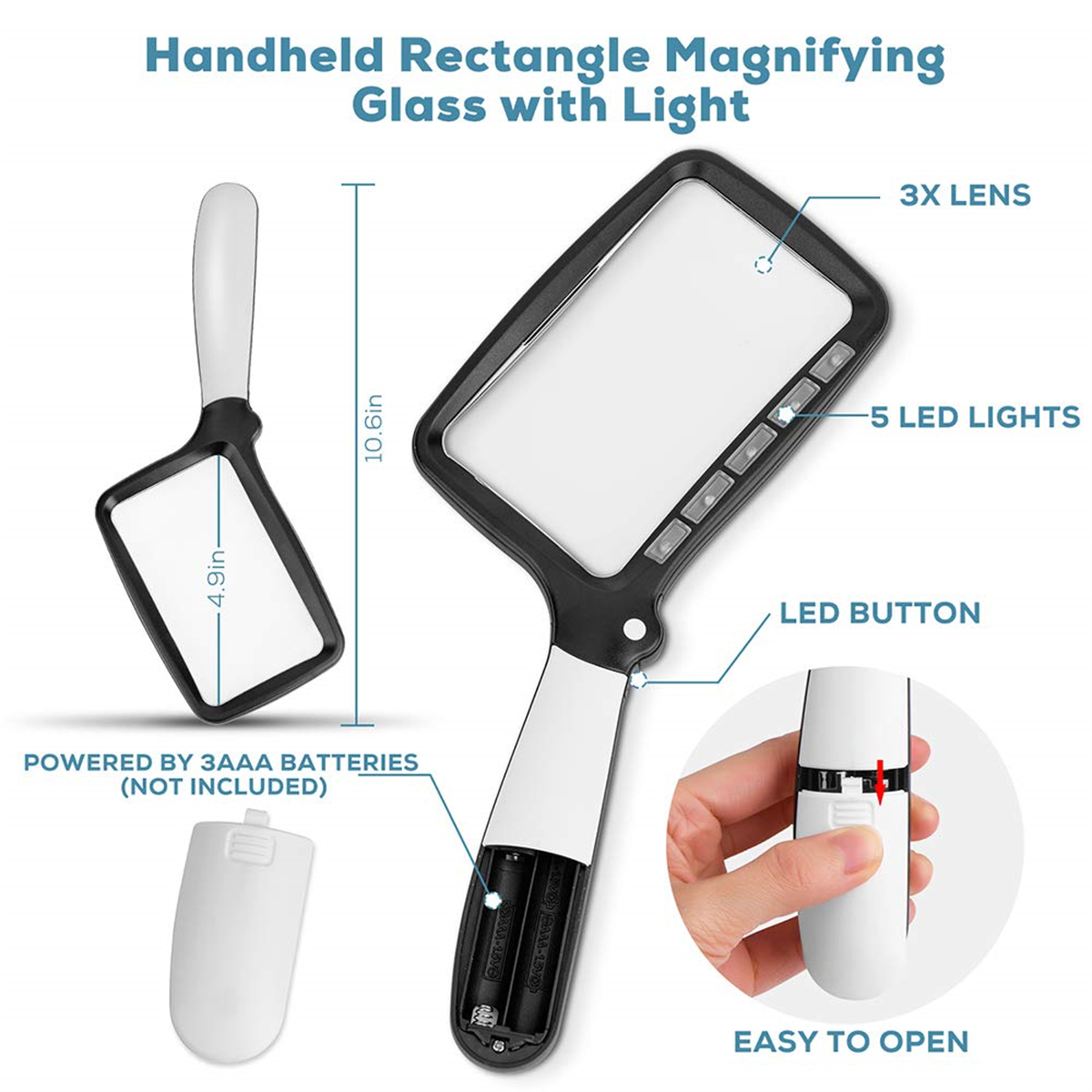 Handlupe mit LED-Leuchten und Griff mit Batterien, Produktdetails.