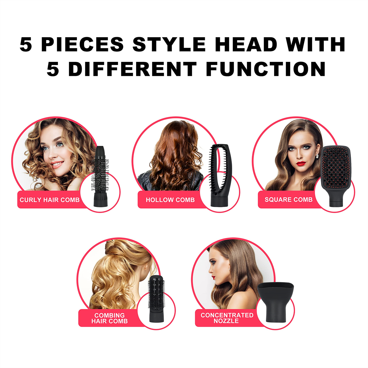 Fünf Haarstyling-Aufsätze mit verschiedenen Funktionen: lockig, hohl, quadratischer Kamm usw.
