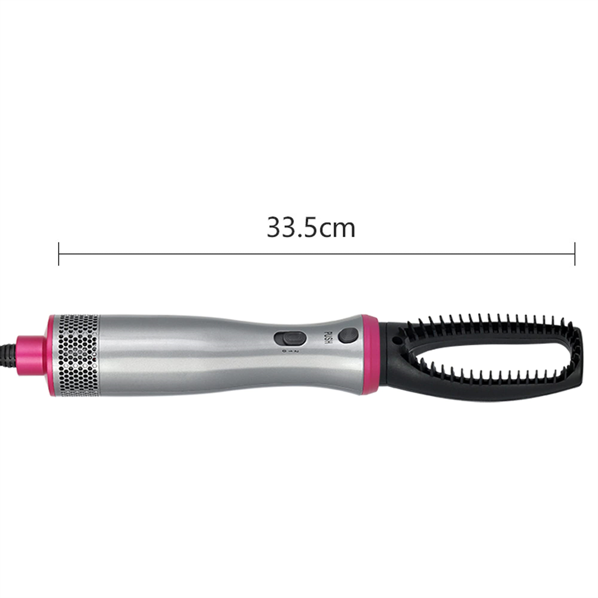 Silber-rosa Haarstylingbürste mit einer Messung von 33,5 cm. Mit schwarzer Bürste und rosa Knopf.