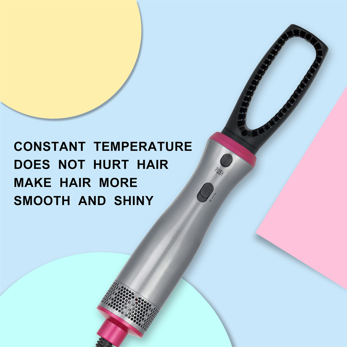 Haarbürste mit silbernem Gehäuse und rosa Akzenten. Text erwähnt konstante Temperatur.