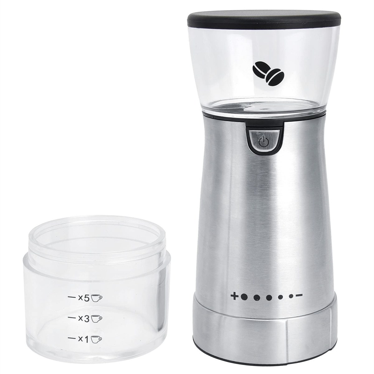 Kaffeemühle mit transparentem Behälter und Messbecher. Die Mühle ist silber und schwarz.