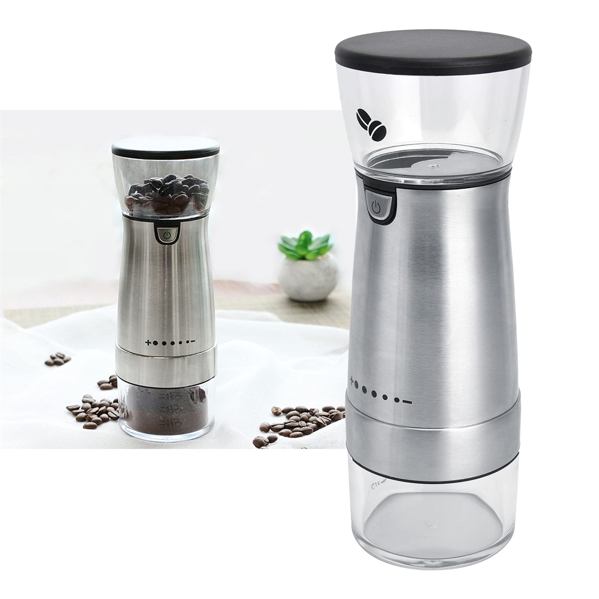 Zwei Bilder einer elektrischen Kaffeemühle aus Edelstahl, mit Bohnen und einem transparenten Behälter.
