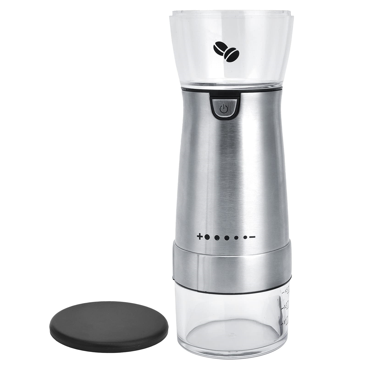 Eine Kaffeemühle mit Edelstahlgehäuse, einem transparenten Behälter und einem schwarzen Deckel, isoliert auf Weiß.