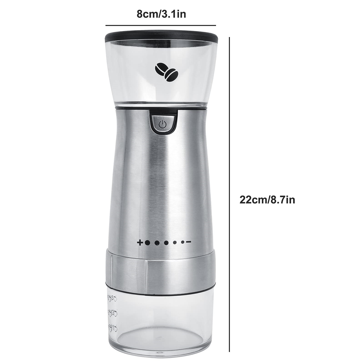 Silber-schwarze Kaffeemühle, mit Abmessungen und Einstellungen gezeigt.