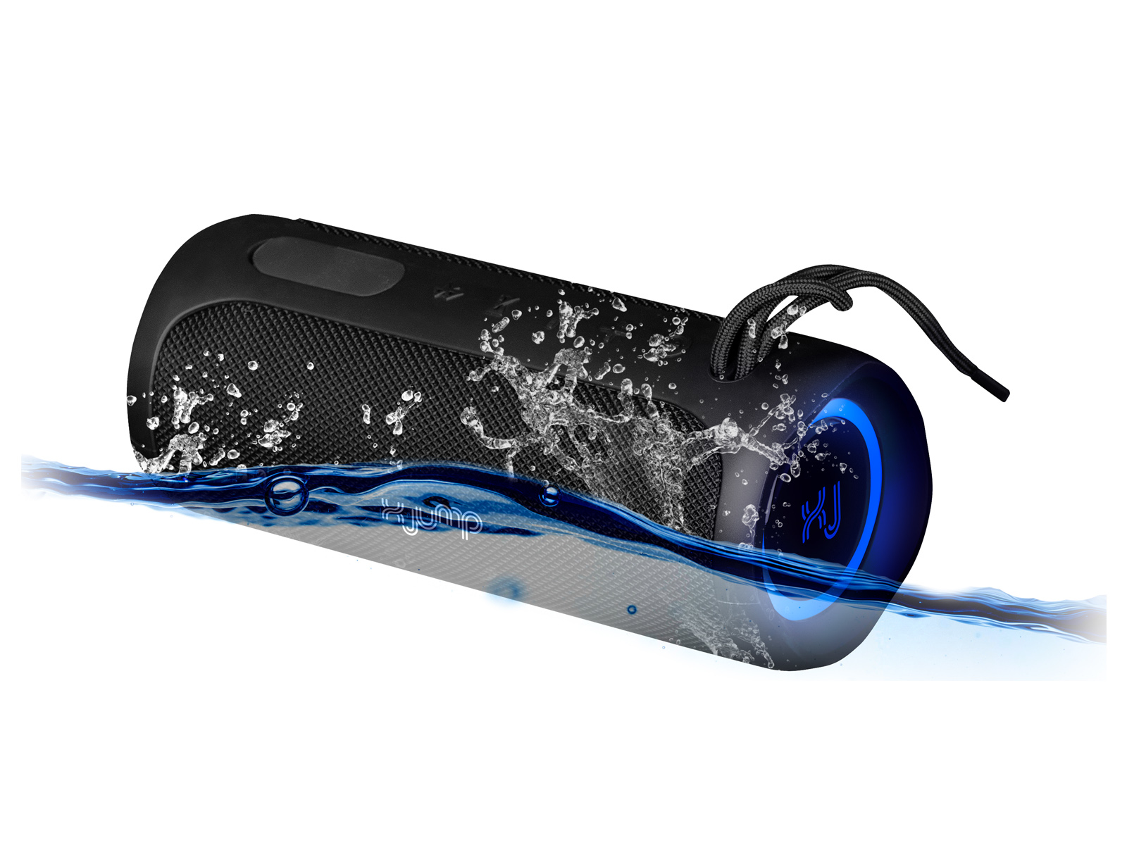 Czarny i szary głośnik z rozpryskami wody, na białym tle.