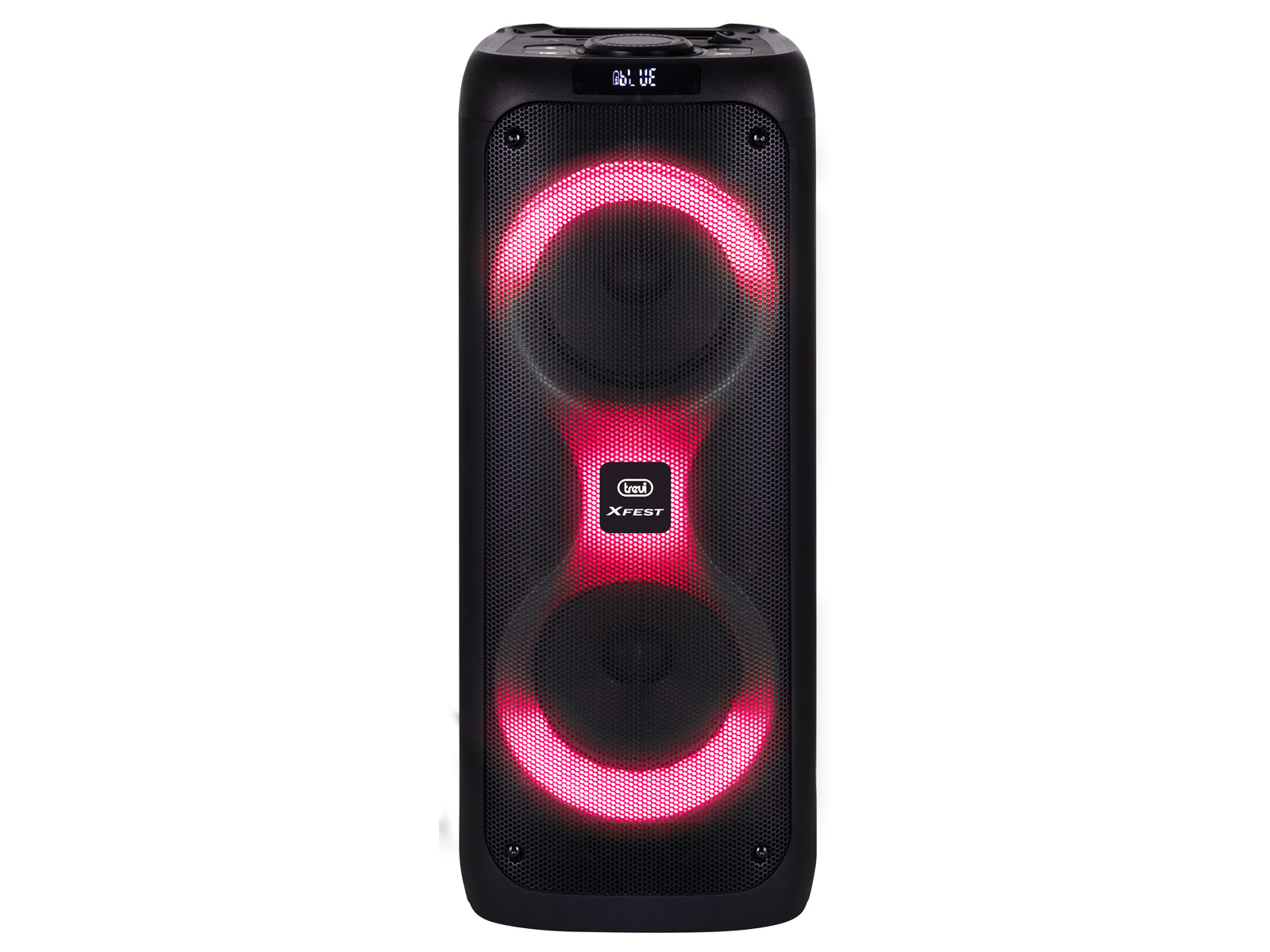 Czarny głośnik z dwoma podświetlanymi czerwonymi pierścieniami i logo Trevi XFEST.