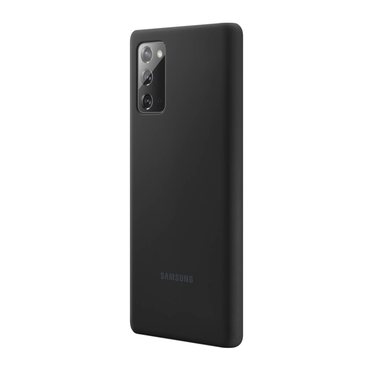 Funda negra para teléfono sobre fondo blanco. La funda tiene recortes para la cámara y un logotipo de Samsung. Vista lateral.