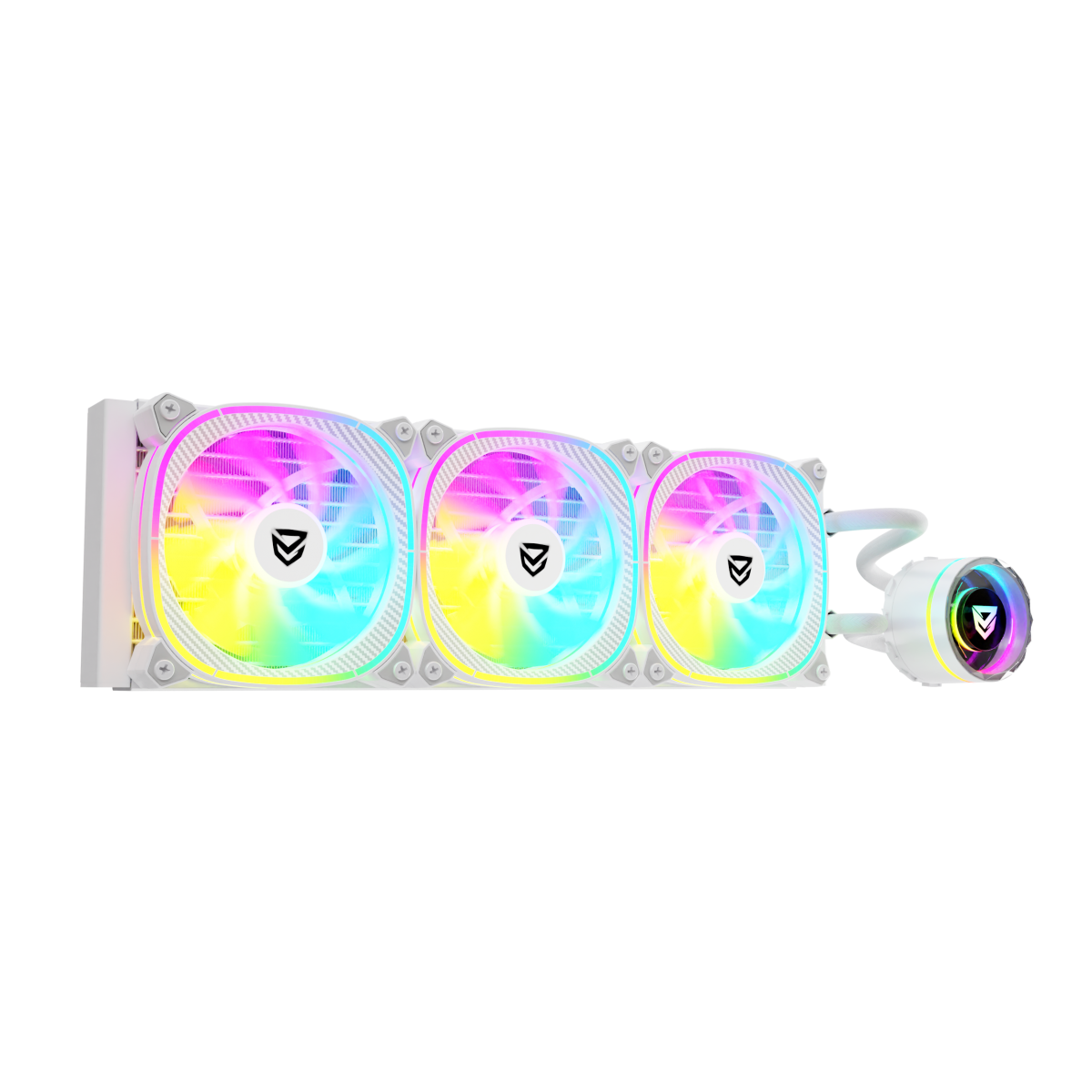Sistema di raffreddamento per PC bianco con tre ventole, luci arcobaleno. Una pompa è collegata alle ventole.