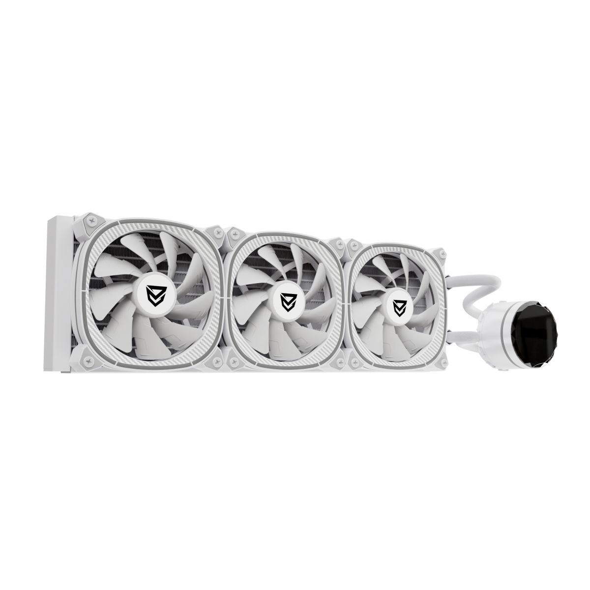 Dissipatore a liquido bianco per computer con tre ventole. Ha una pompa circolare ed elementi neri, bianchi e grigi.