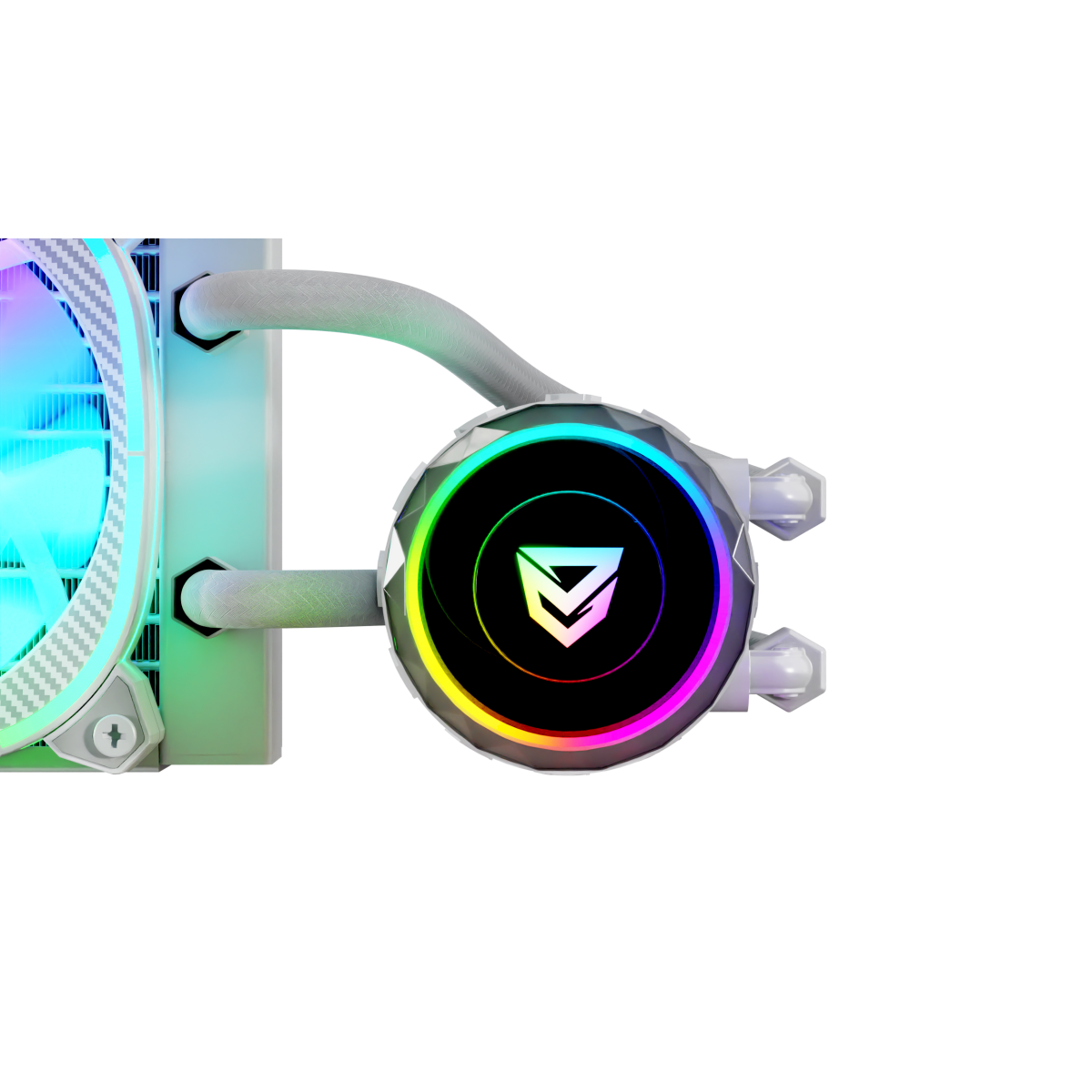 System chłodzenia PC z wielokolorowymi światłami. Ma wentylator, rury i okrągły blok wodny z logo.