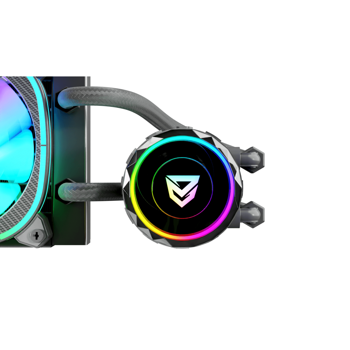 System chłodzenia cieczą z wentylatorem i rurkami, z kolorowymi światłami RGB.