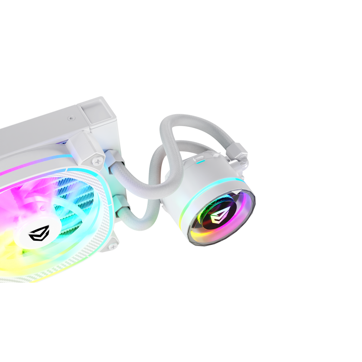 Biała chłodziarka cieczy z dwiema częściami połączonymi rurkami. Części mają wentylatory z kolorowymi światłami.