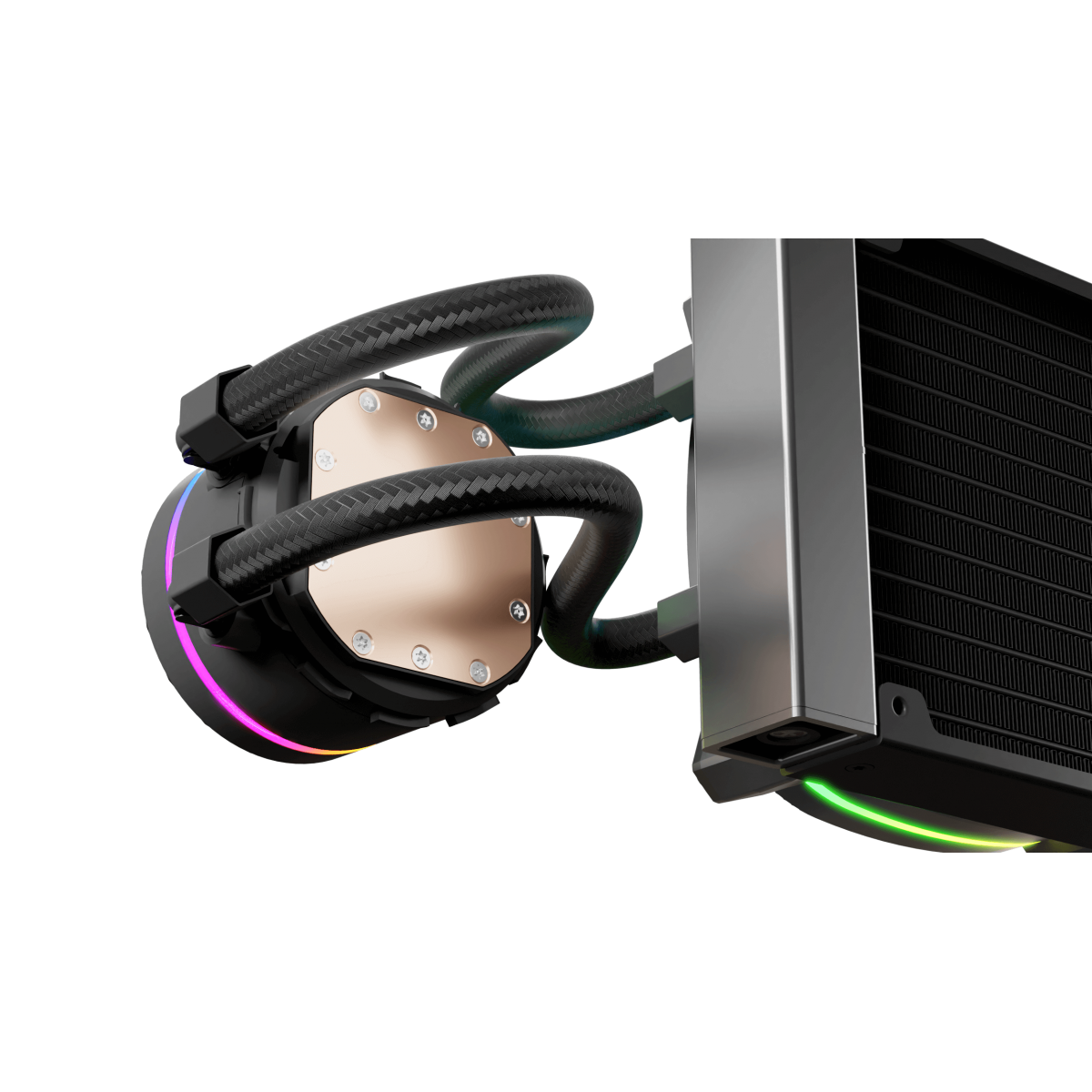 System chłodzenia cieczą do komputera. Miedziane i czarne elementy, rury i chłodnica.