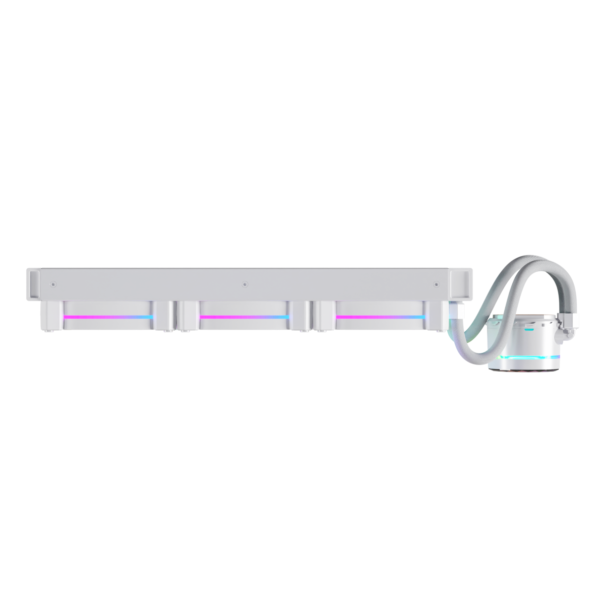 Un dissipatore a liquido per computer con luci RGB e tubi di collegamento.