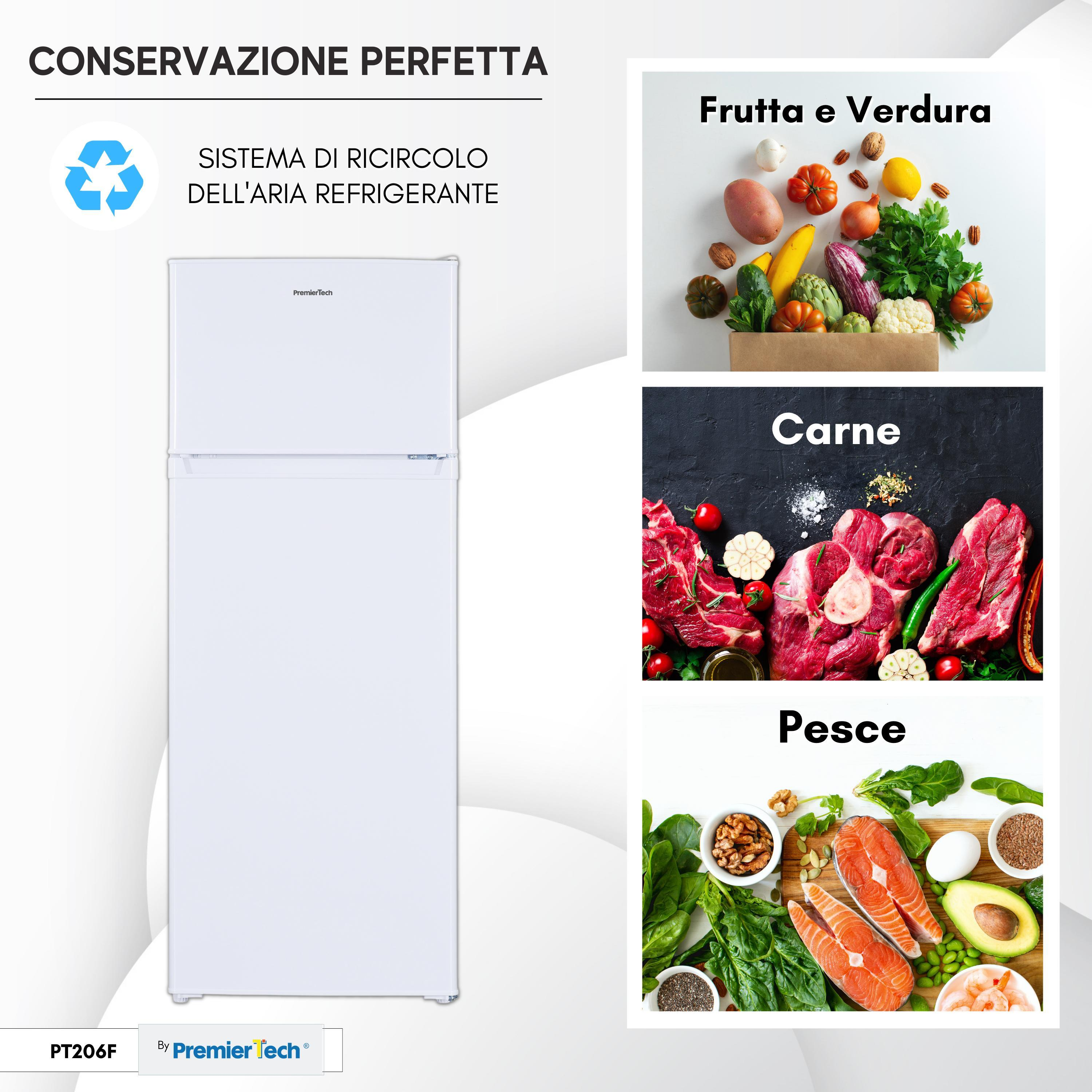 Frigorifero bianco con immagini di cibo: frutta, carne e pesce, con testo.