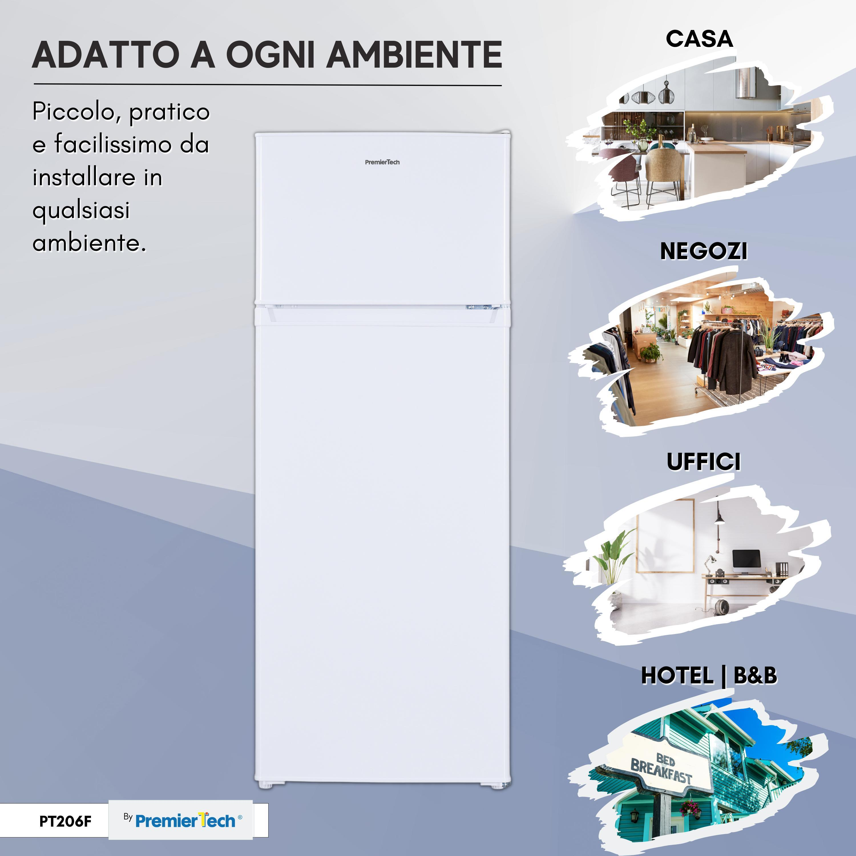 Un frigorifero bianco con testo che indica che è adatto a qualsiasi ambiente, con immagini.